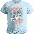 Light blue t-shirt with "Last call" and "Best Man in Charge of Bad Decisions" graphics.