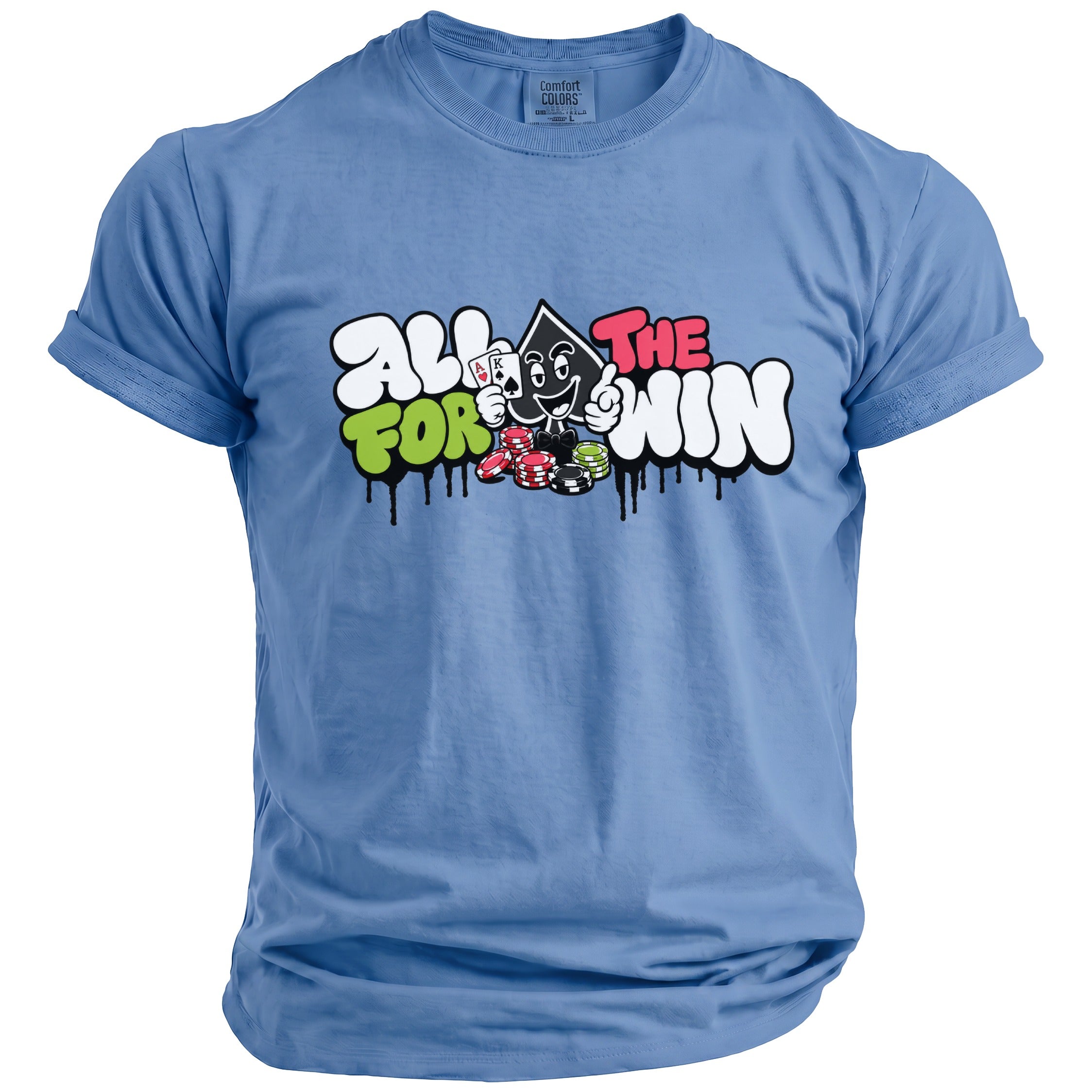 Blue t-shirt with "All for the win" graphic featuring playing cards and poker chips.
