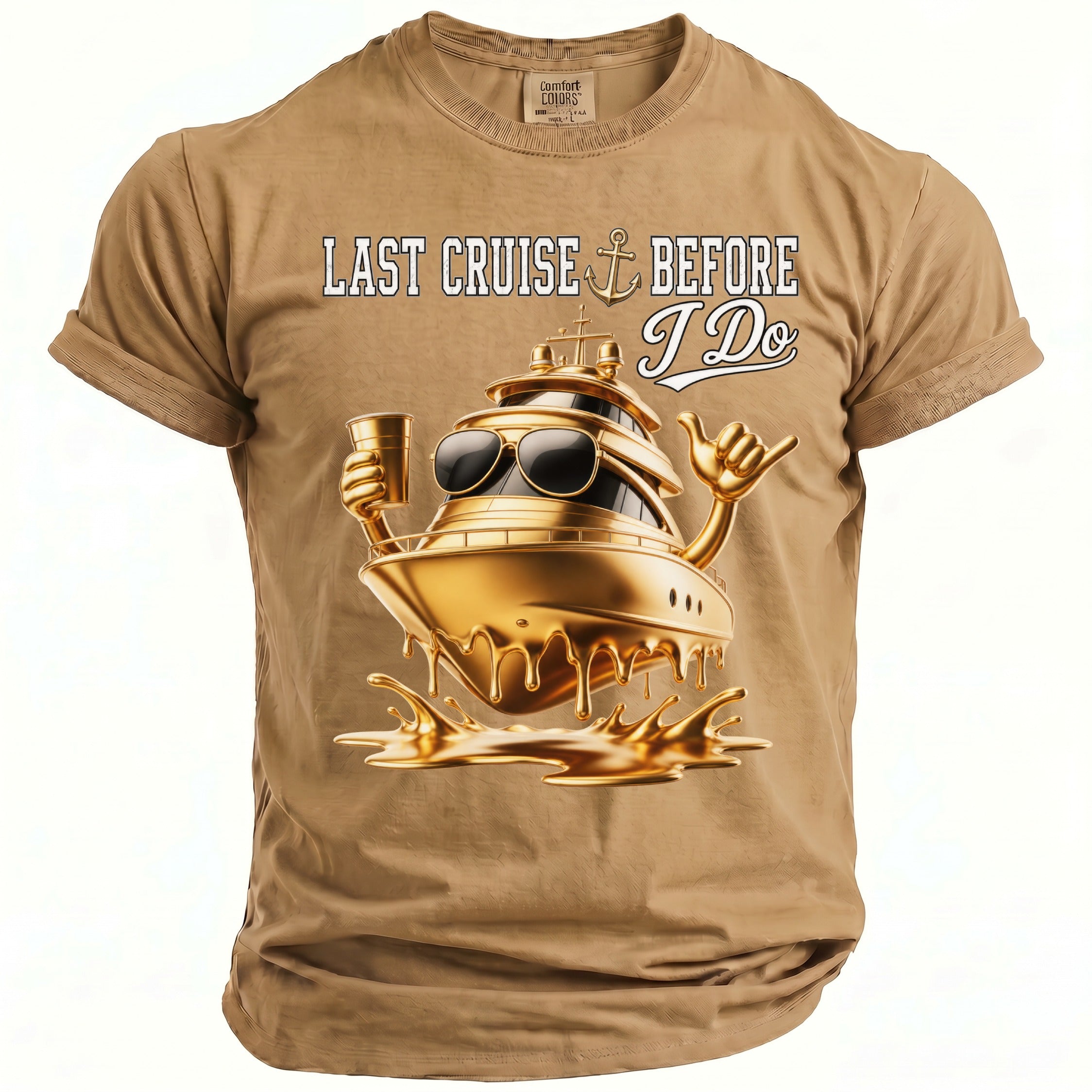 T-shirt with text "LAST CRUISE BEFORE I DO" and a golden cruise ship graphic.