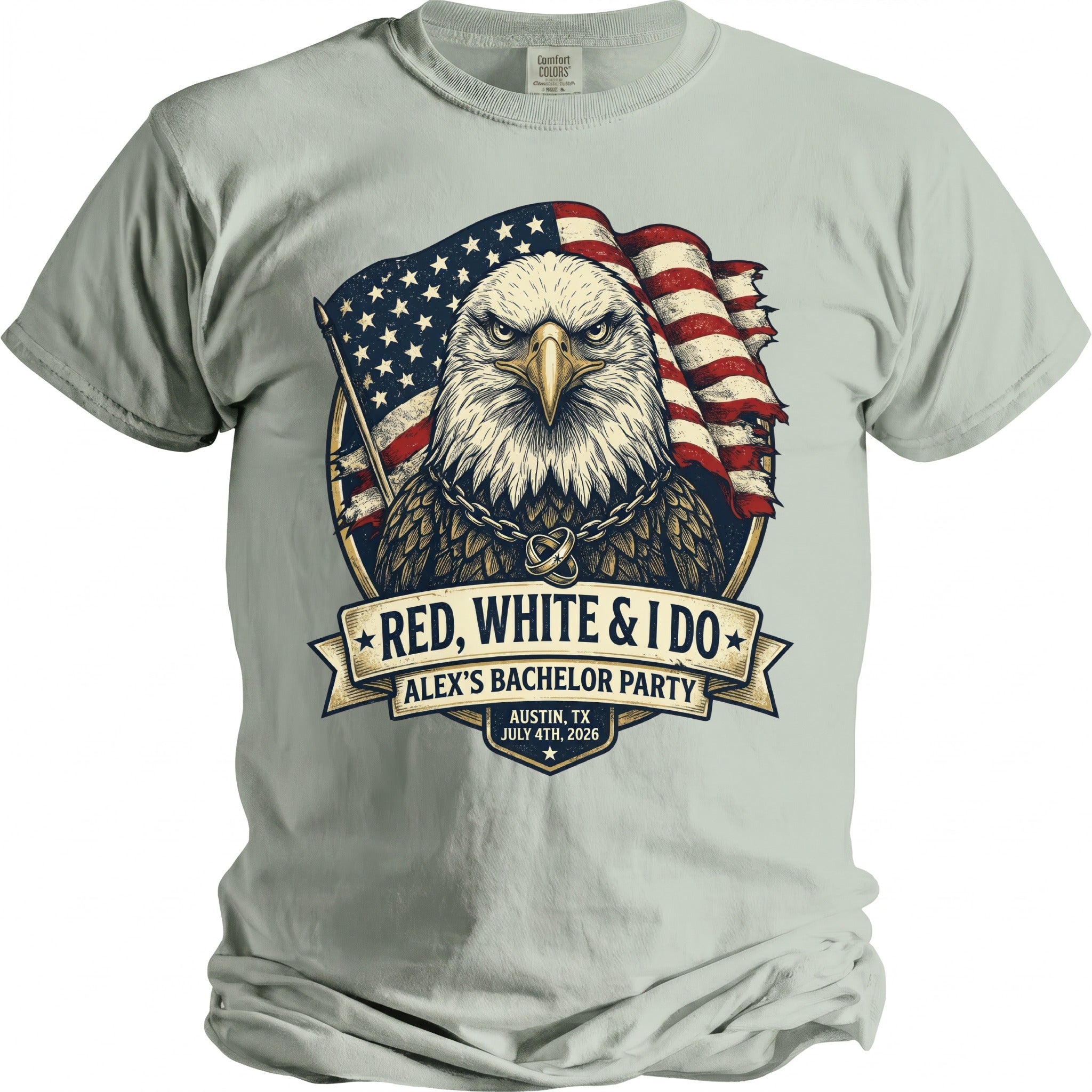 Eagle with American flag, "Red, White & I Do" and "Alex's Bachelor Party" text.