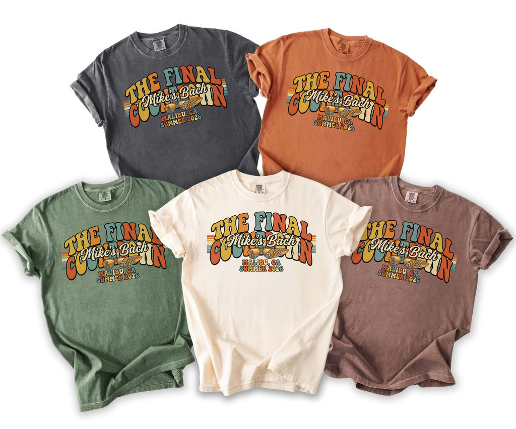 Five t-shirts in different colors feature "The Final Countdown Mike's Bach" graphic.