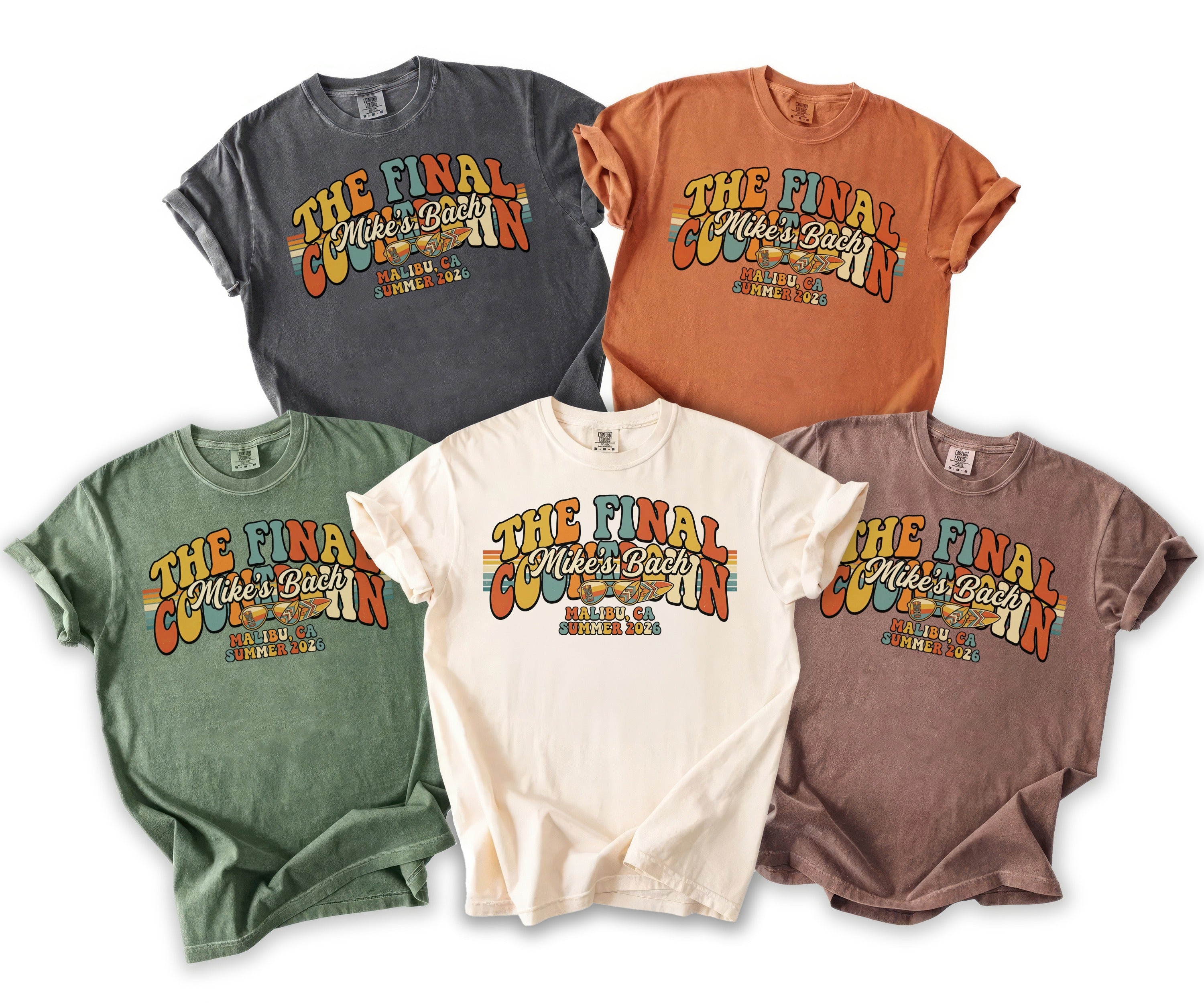 Five t-shirts in different colors feature "The Final Countdown Mike's Bach" graphic.