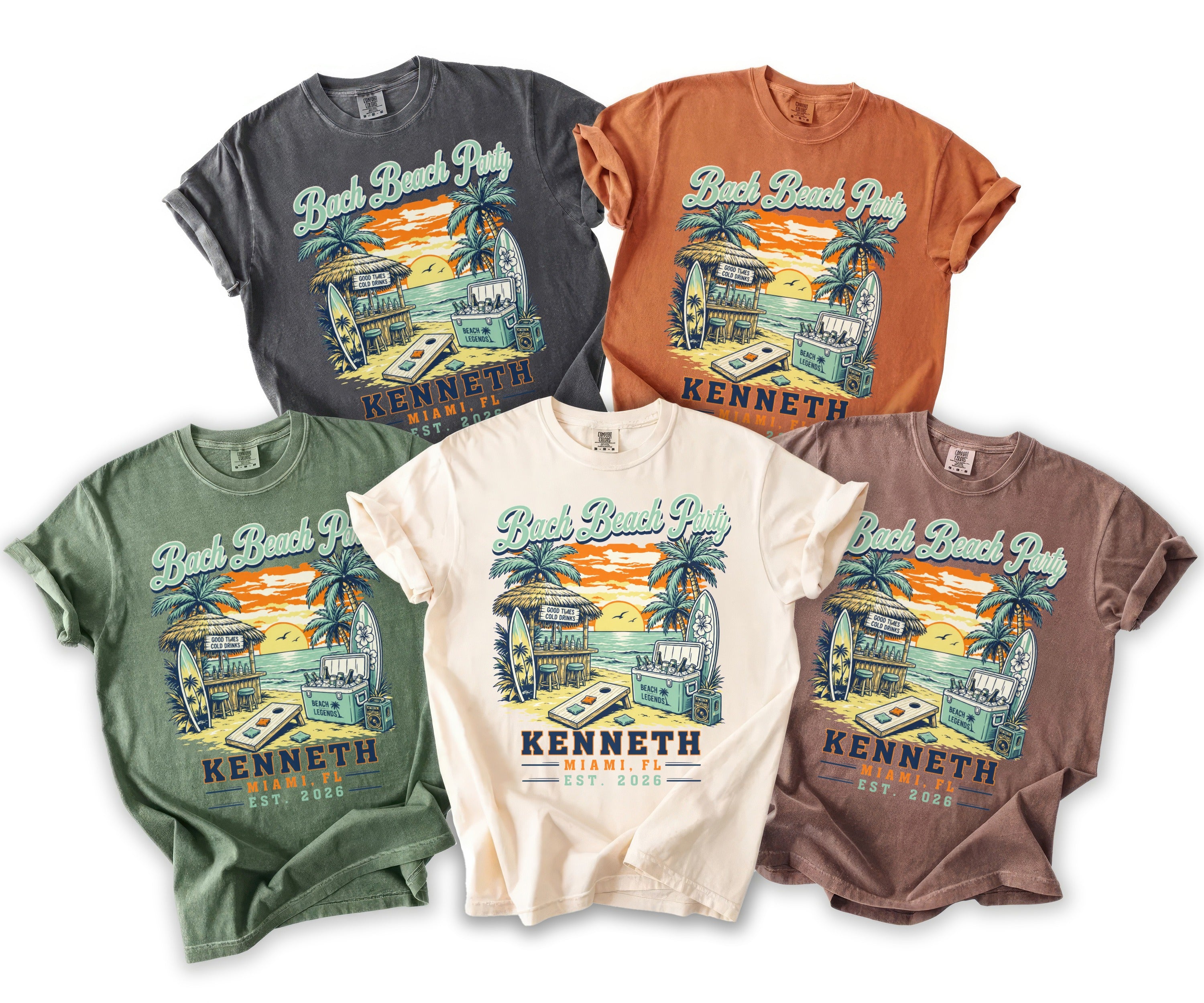 T-shirts showcase beach party graphic with "Bach Beach Party" text and custom location/date.