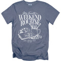T-shirt with "My Favorite Weekend Routine" graphic featuring art supplies.