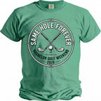 Green t-shirt with "Same Hole Forever Bachelor Golf Weekend 2026" text and golf imagery.
