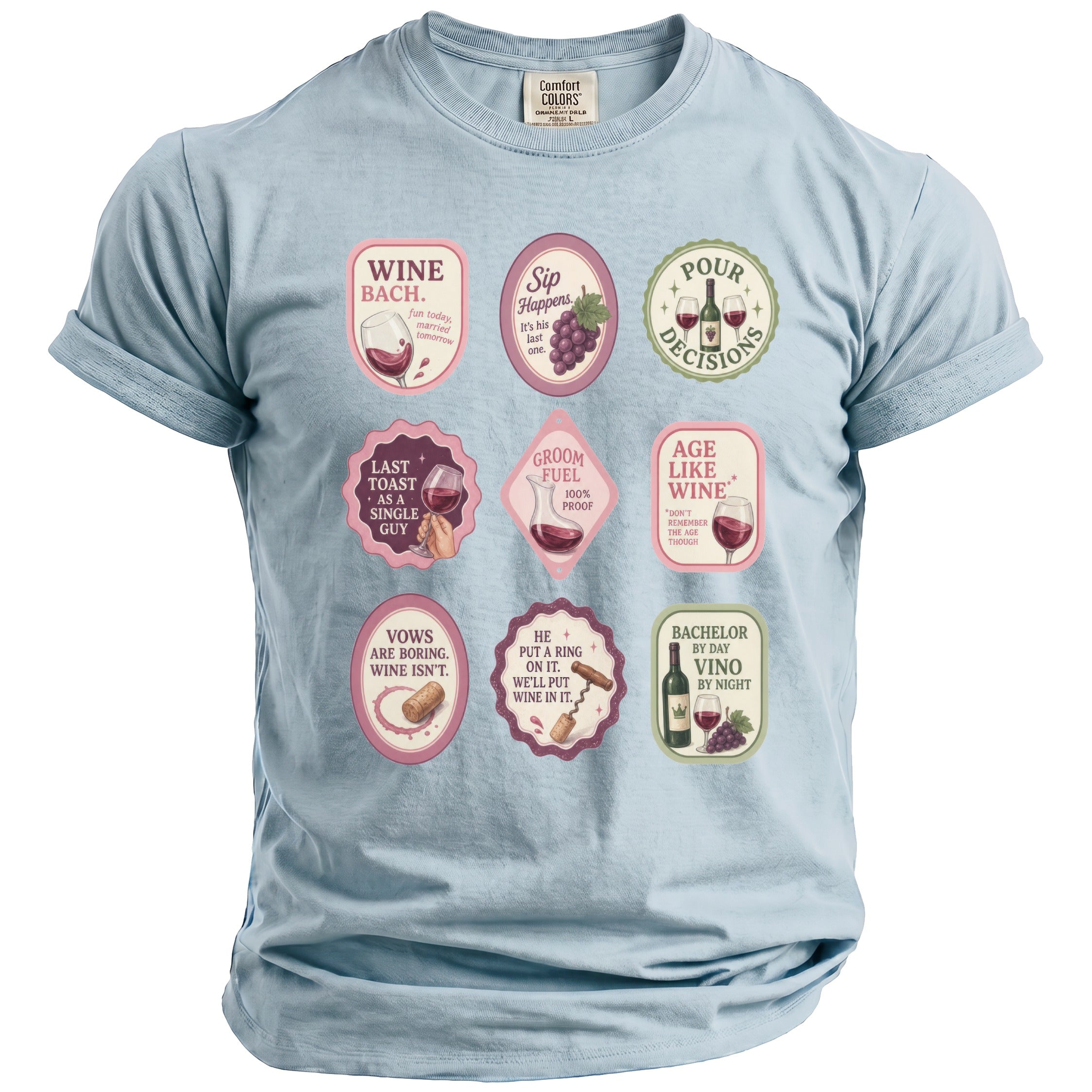 Light blue t-shirt with nine wine-themed graphic badges.