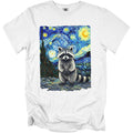 Raccoon in Van Gogh's Starry Night landscape on a white t-shirt.