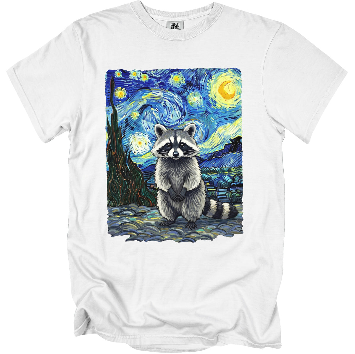 Raccoon in Van Gogh's Starry Night landscape on a white t-shirt.
