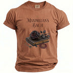 Brown t-shirt with "Maximilian's Bach" and a black rose on a book.