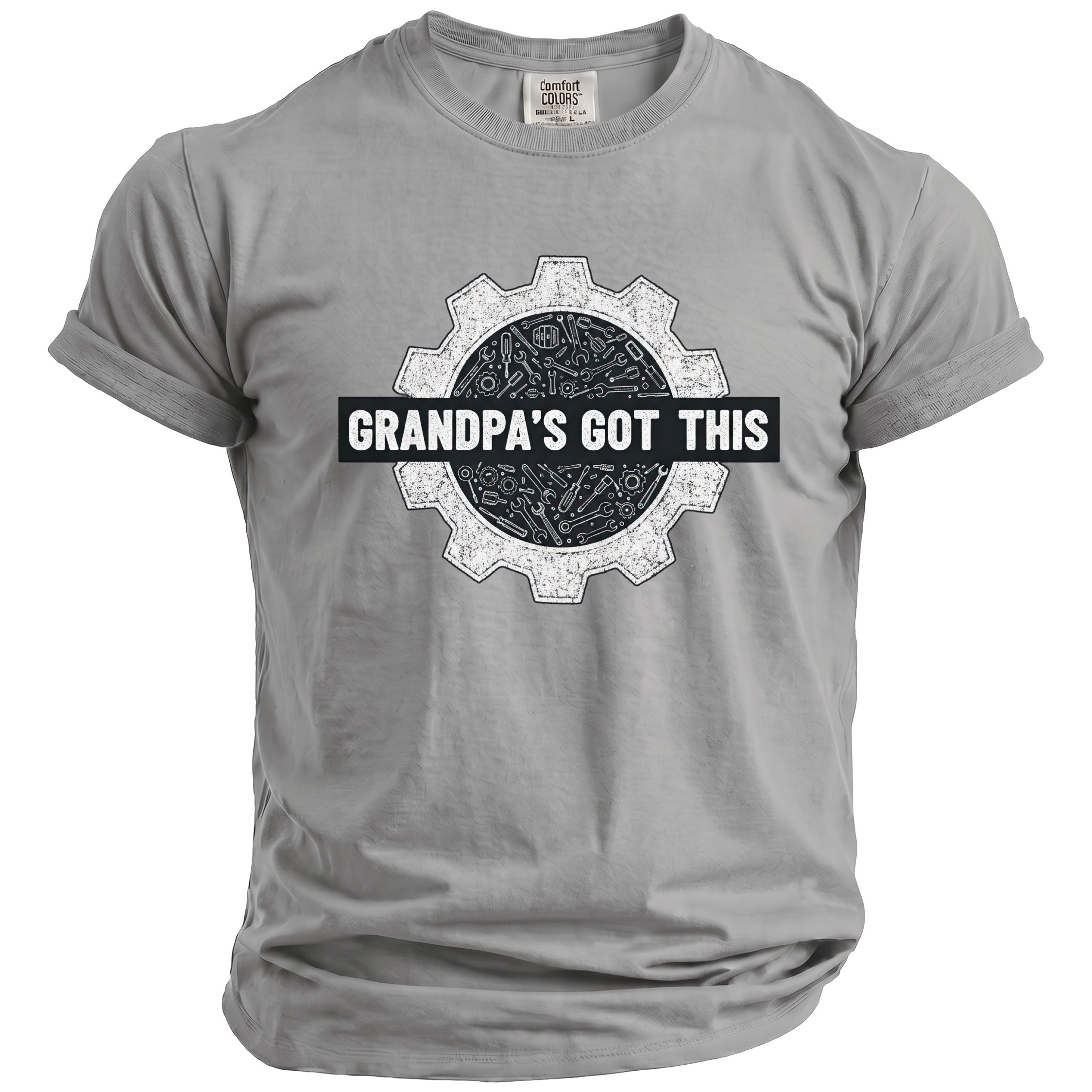 Grey t-shirt with a gear graphic and the text "GRANDPA'S GOT THIS".