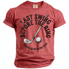 Red t-shirt with golf club, ball, and text "Last Swing Before the Ring"