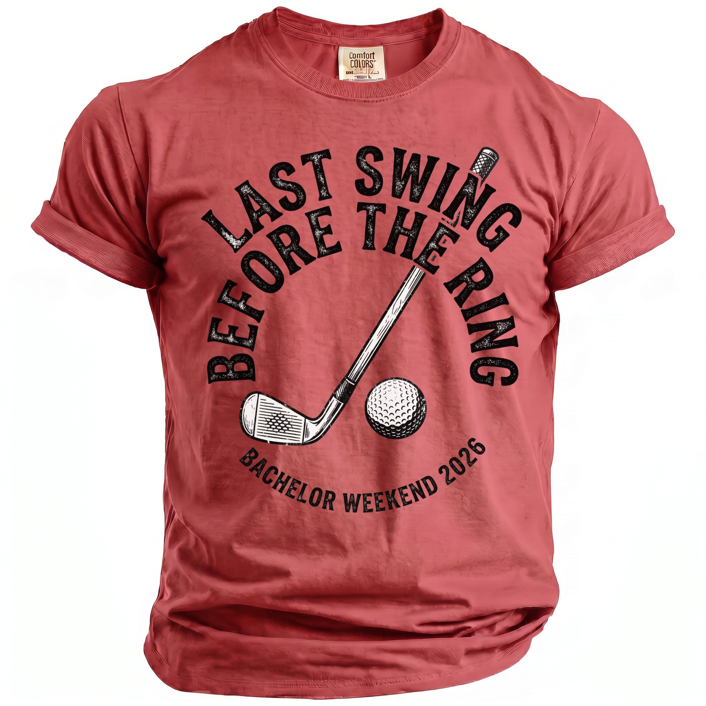 Red t-shirt with golf club, ball, and text "Last Swing Before the Ring"