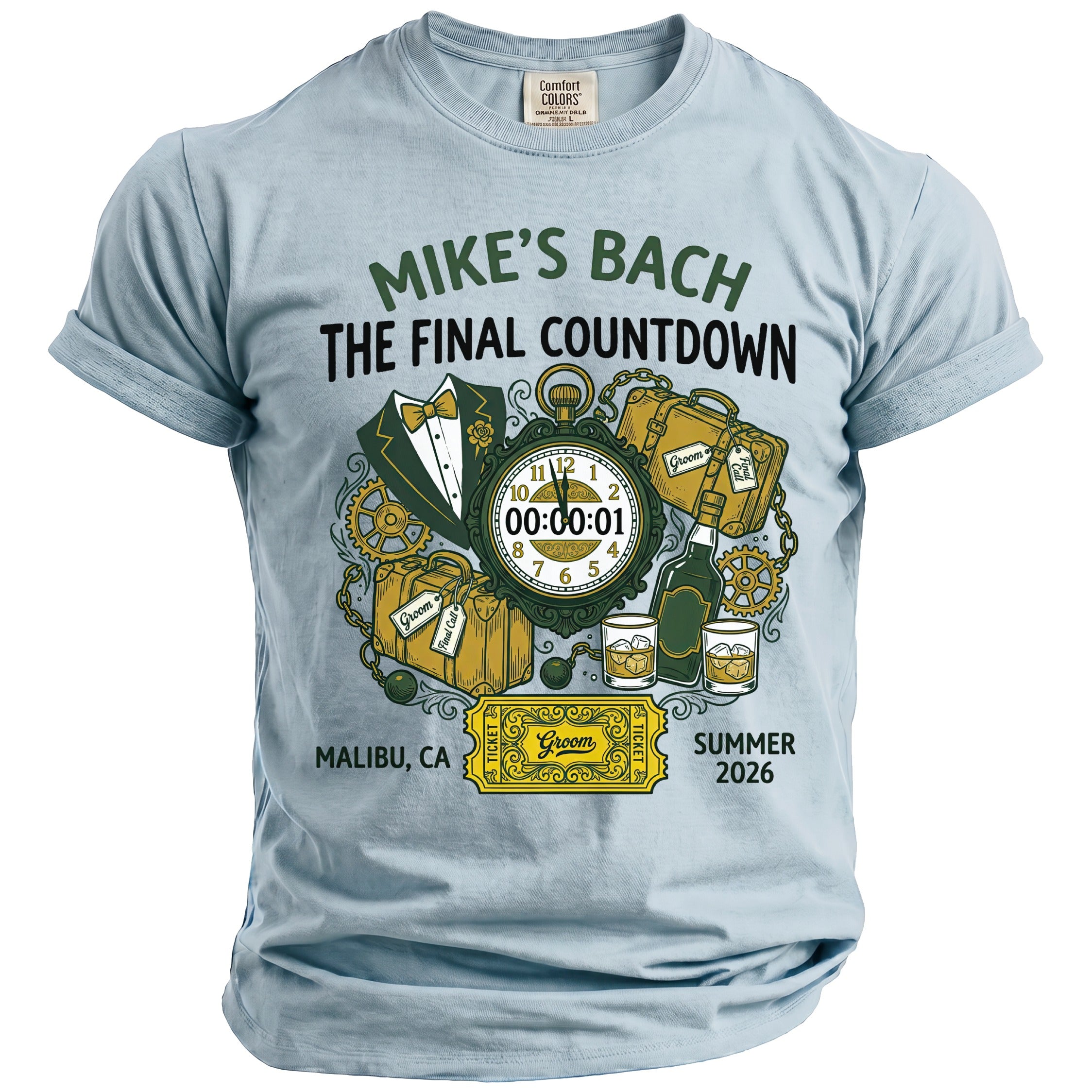 Light blue t-shirt with "Mike's Bach The Final Countdown" and groom party graphic.