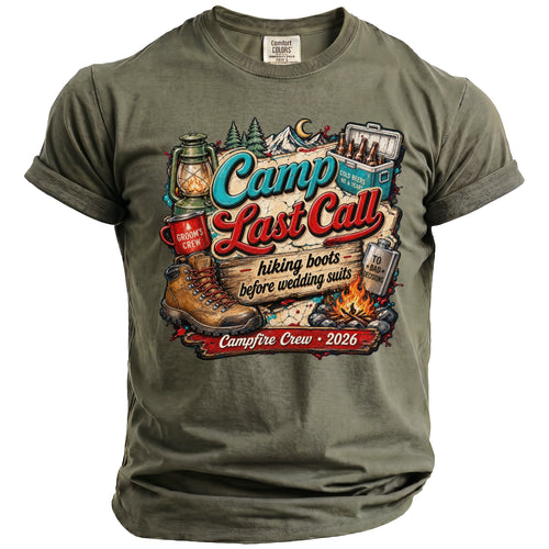 Green t-shirt with "Camp Last Call" design featuring camping elements and humorous text.
