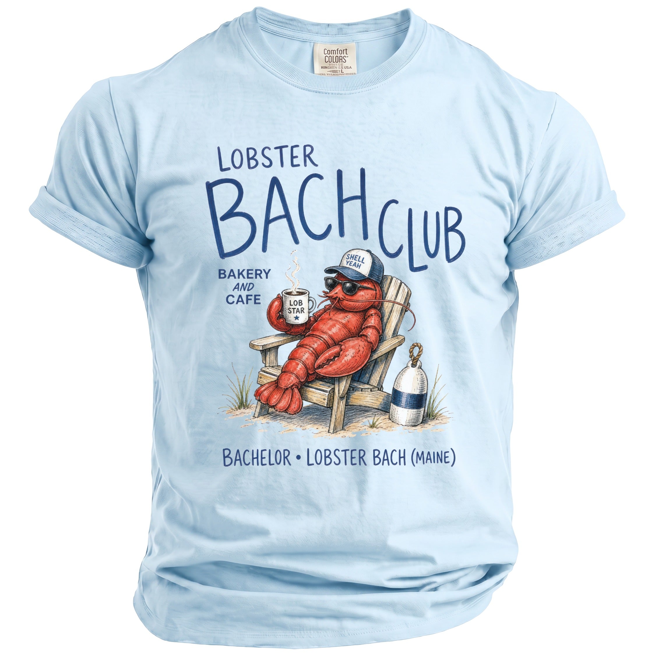 Light blue t-shirt with a lobster in a beach chair and text "Lobster Bach Club".