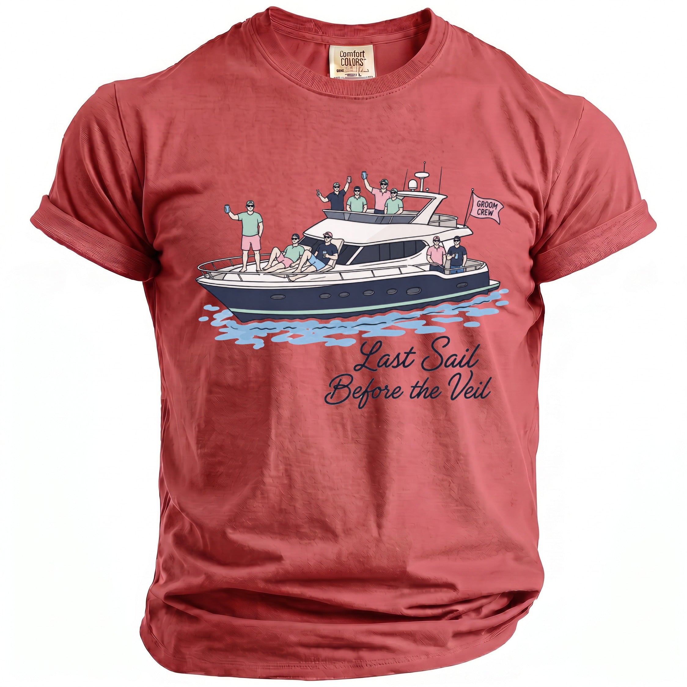 Red t-shirt with "Last Sail Before the Veil" text and graphic of men on a yacht.