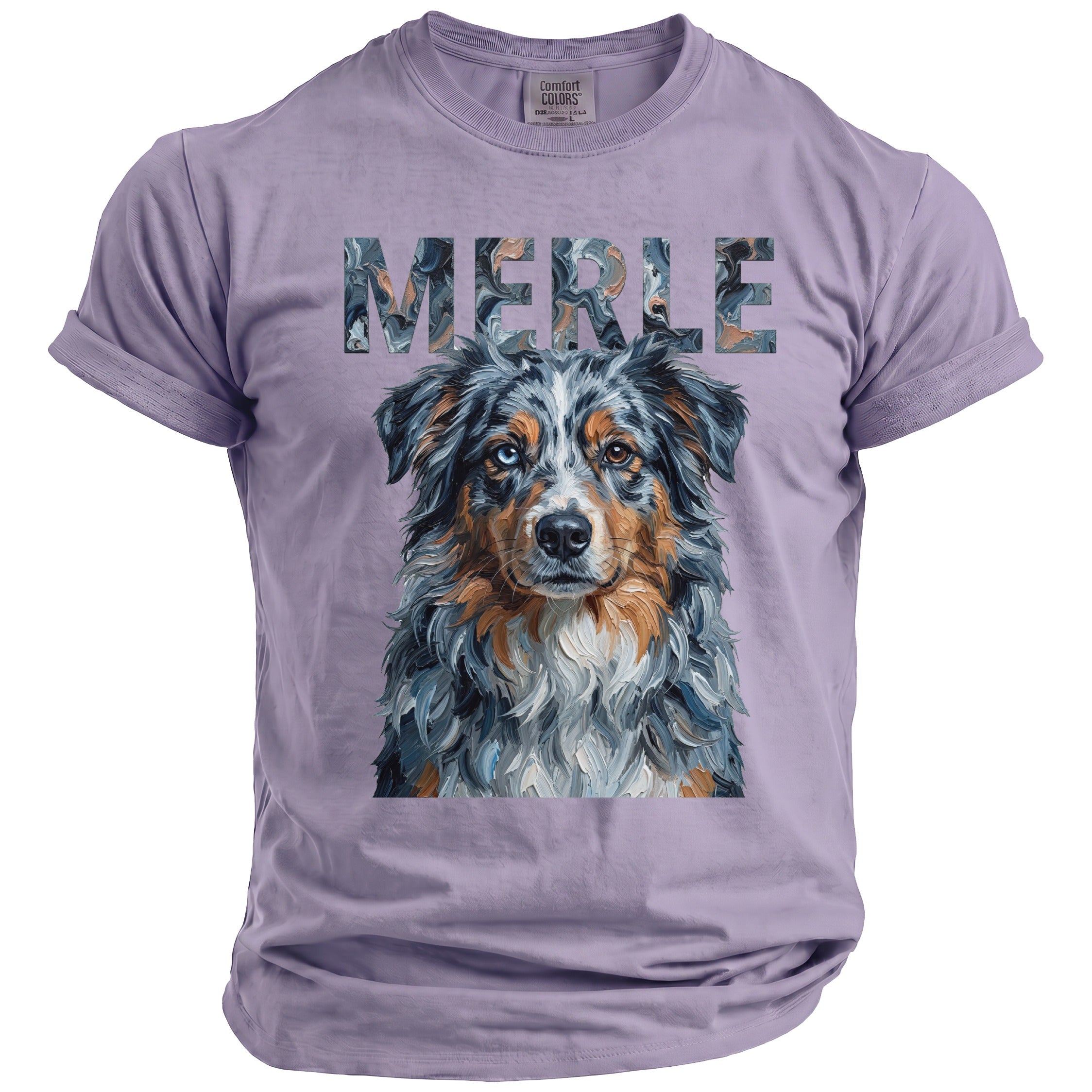 Merle Australian Shepherd dog portrait on a lavender t-shirt.