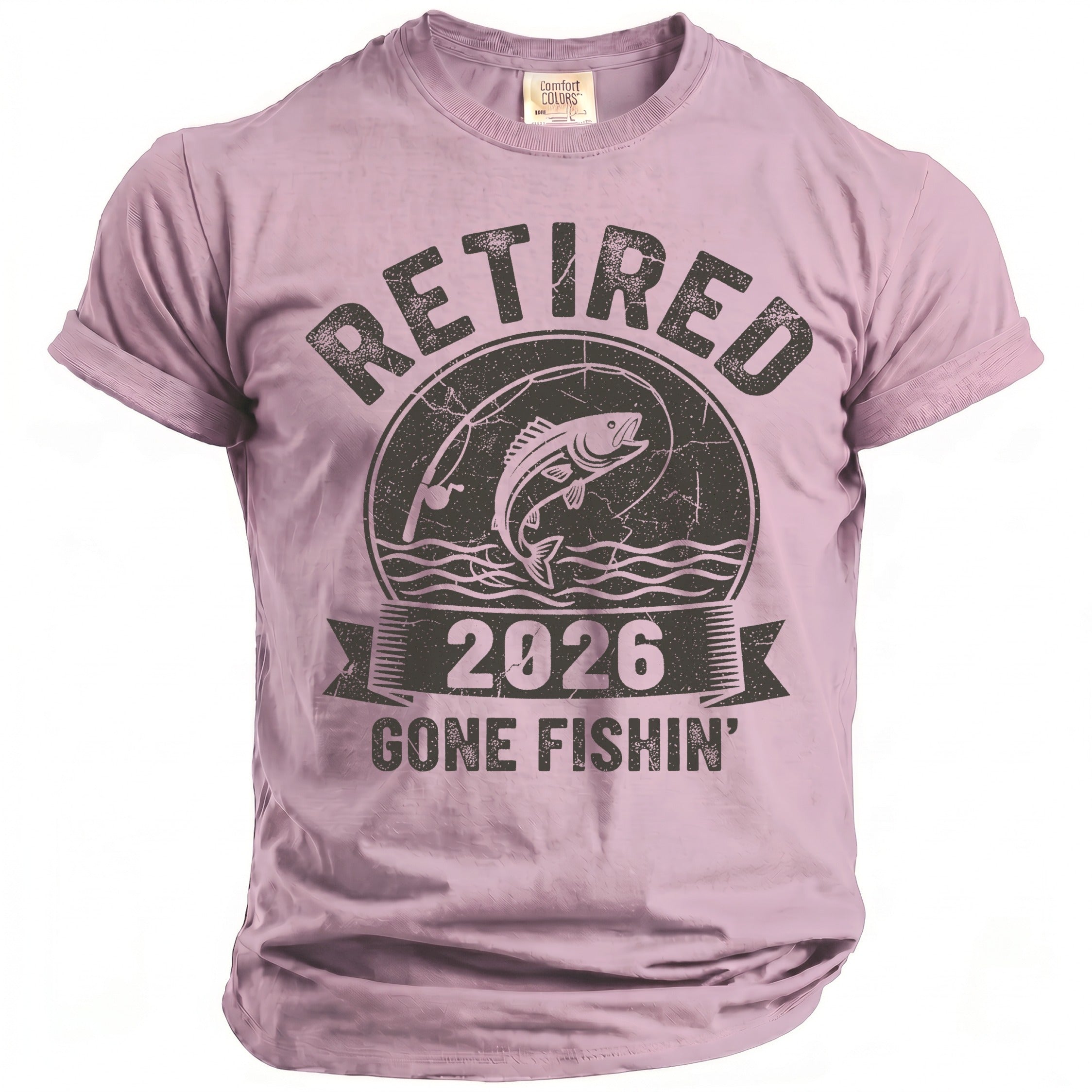 Purple t-shirt with "Retired 2026 Gone Fishin'" fishing graphic.