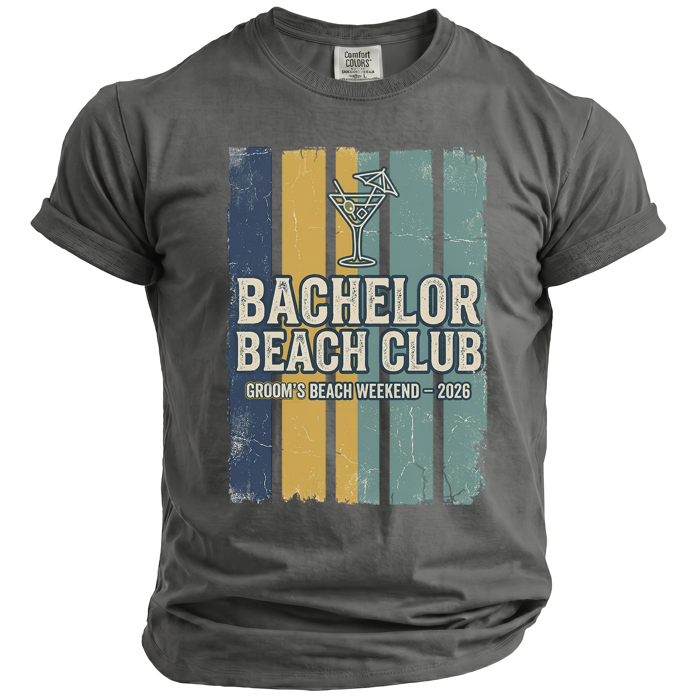 Dark gray t-shirt with "Bachelor Beach Club Groom's Beach Weekend 2026" graphic.