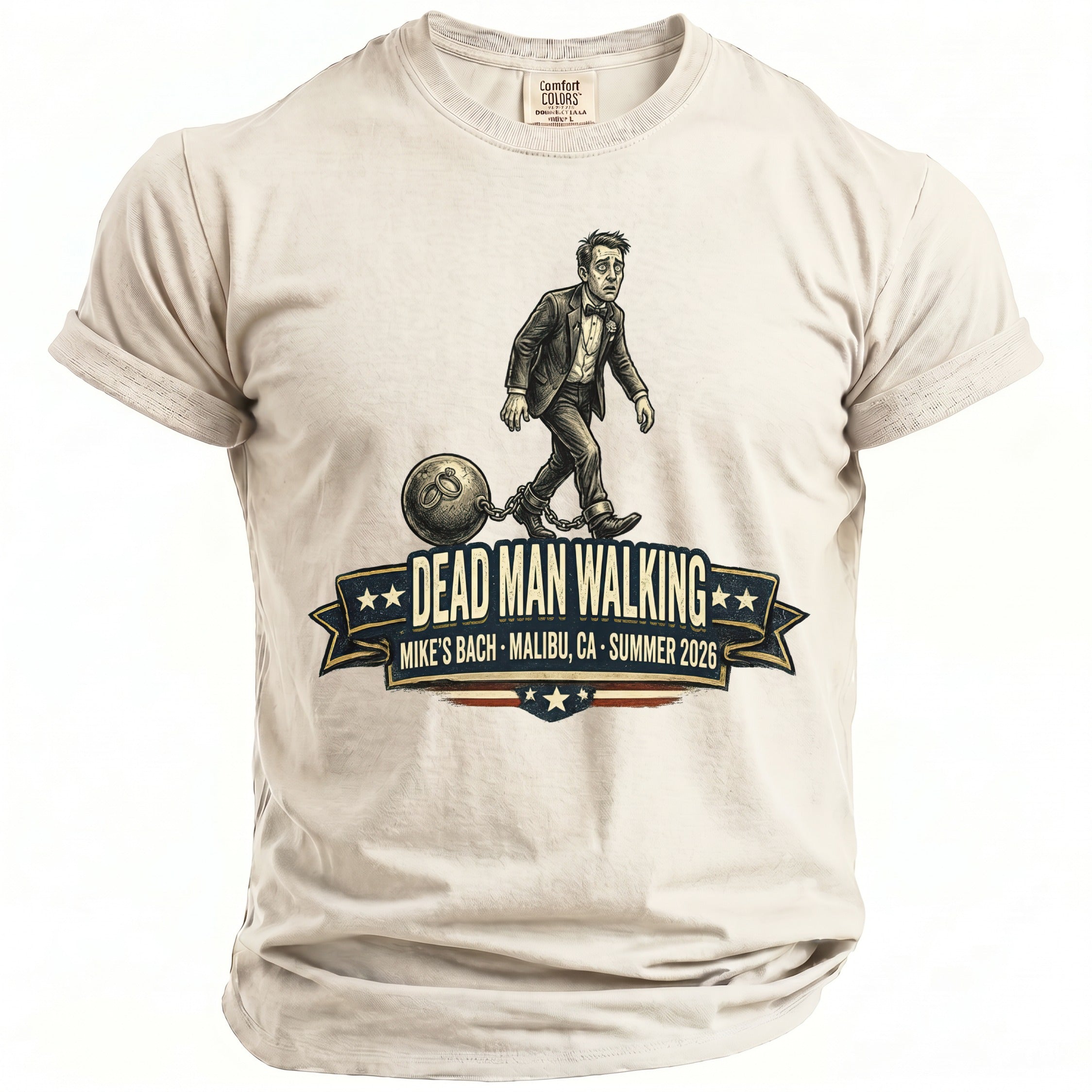 T-shirt with graphic of a man in a suit dragging a ball and chain, reading "Dead Man Walking".