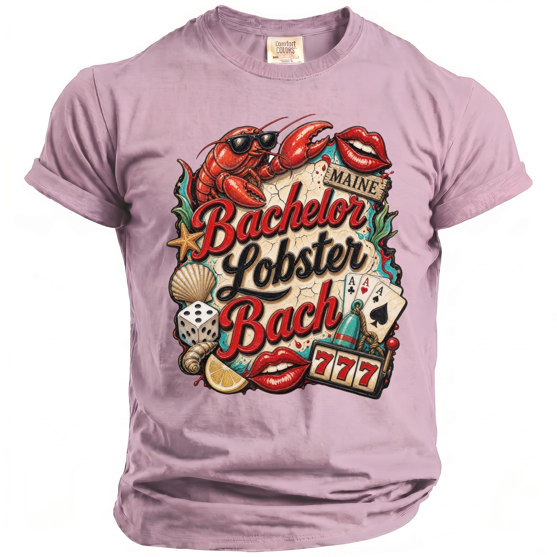 Purple t-shirt with "Bachelor Lobster Bach Maine" graphic featuring lobster, lips, dice, and cards.