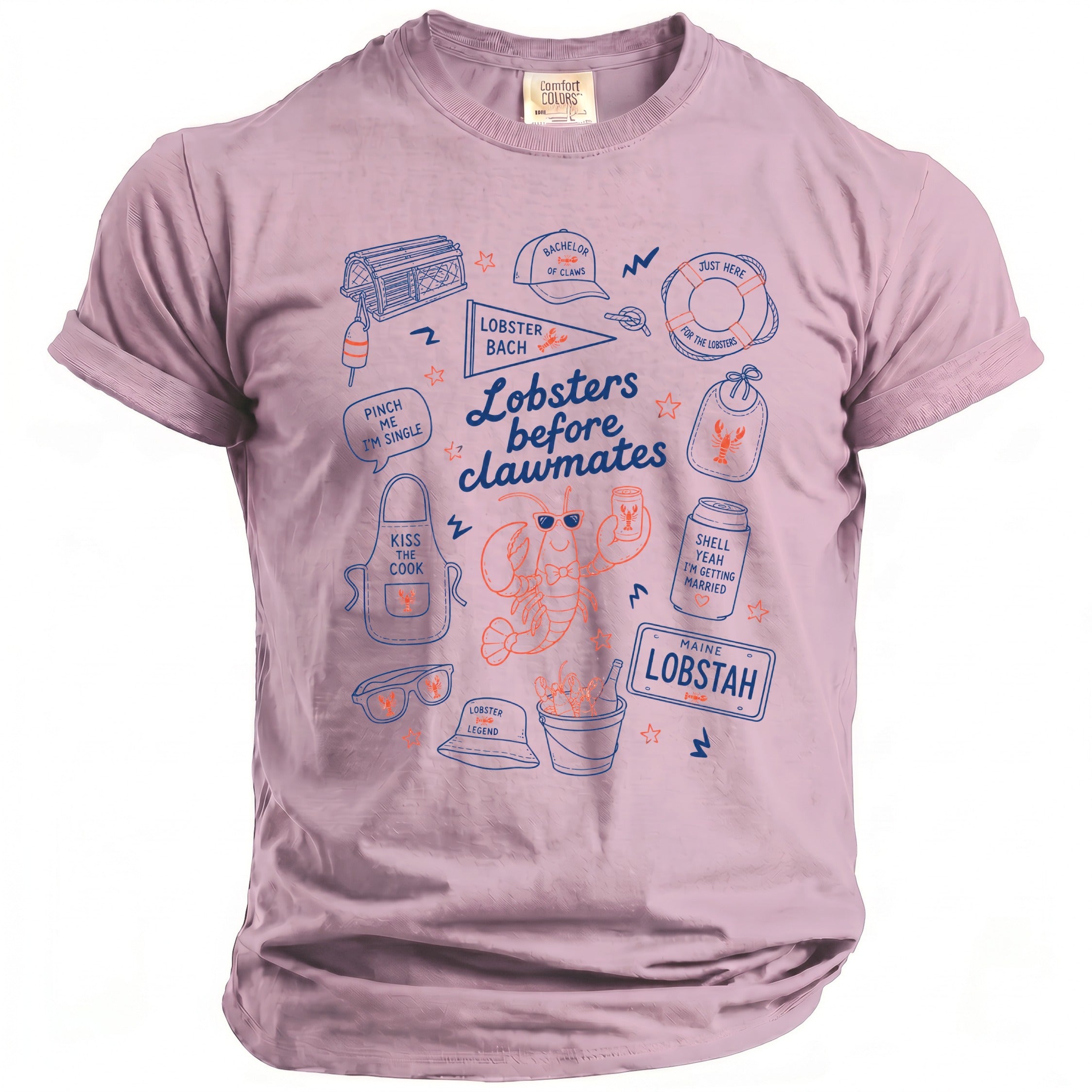 Pink t-shirt with blue and orange line drawings of lobsters and bachelorette party elements.