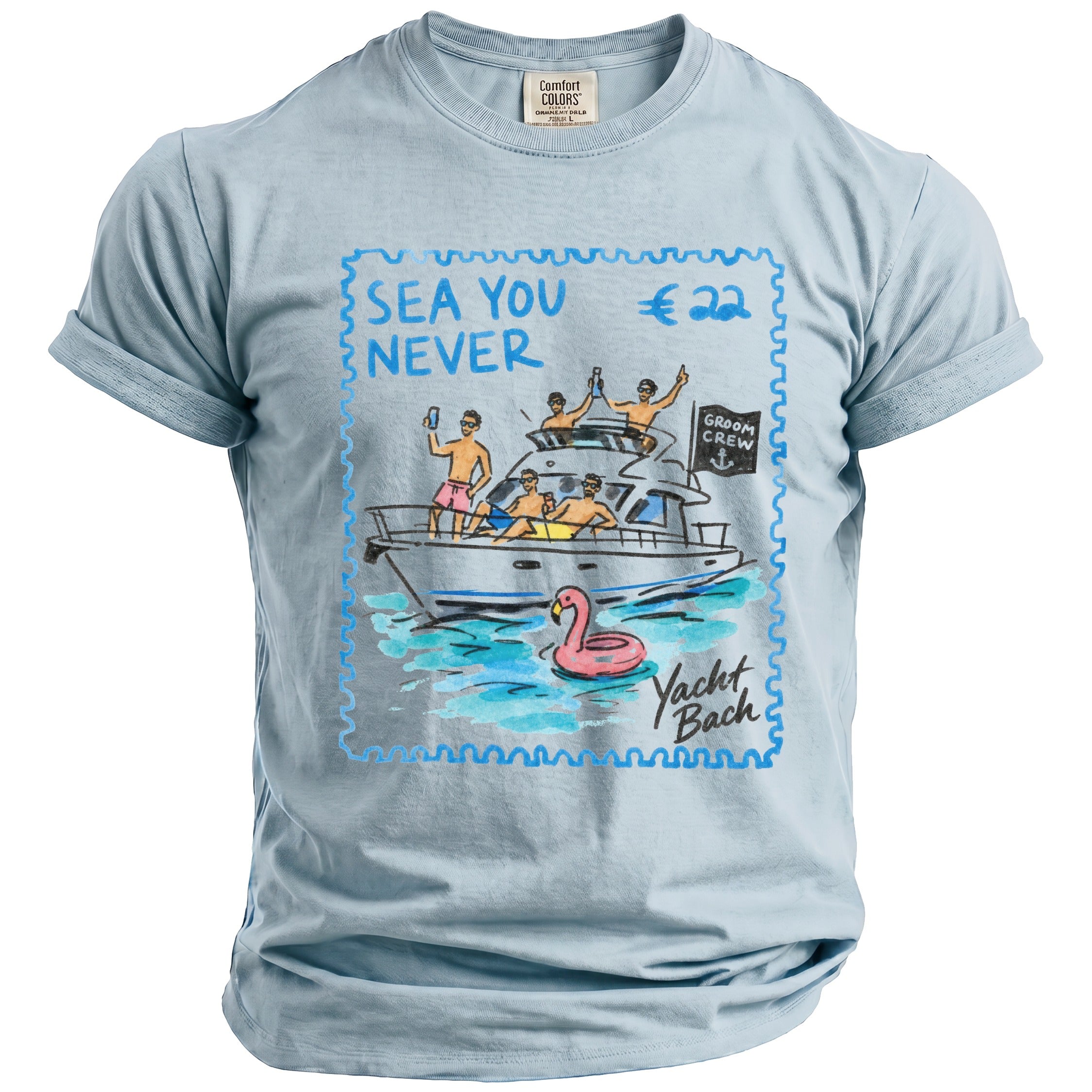 Light blue t-shirt with a graphic of men on a yacht, a flamingo float, and text.