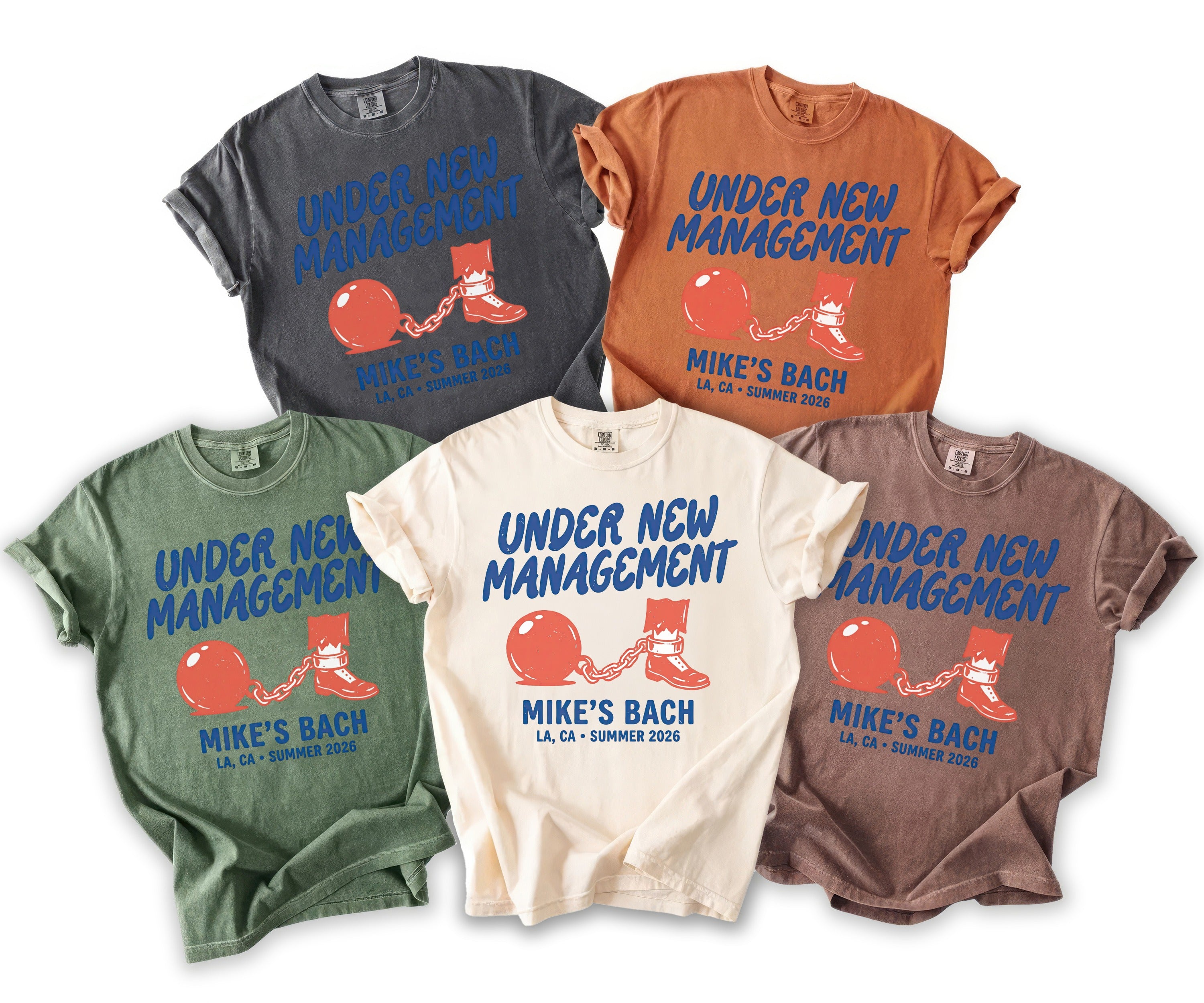 Five t-shirts in different colors display "Under New Management" and "Mike's Bach."