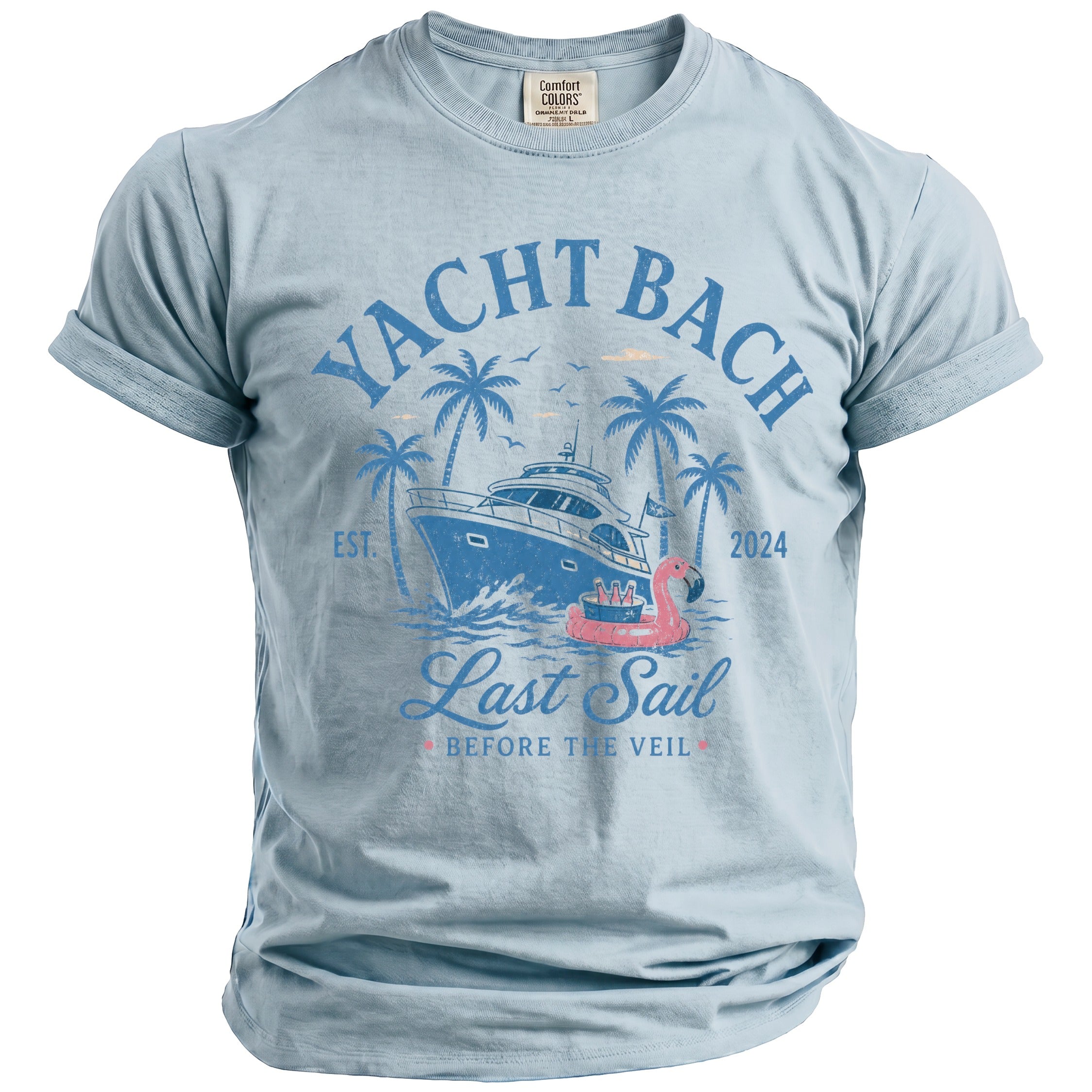 Light blue t-shirt with "Yacht Bach" graphic featuring a boat, palm trees, and flamingo float.