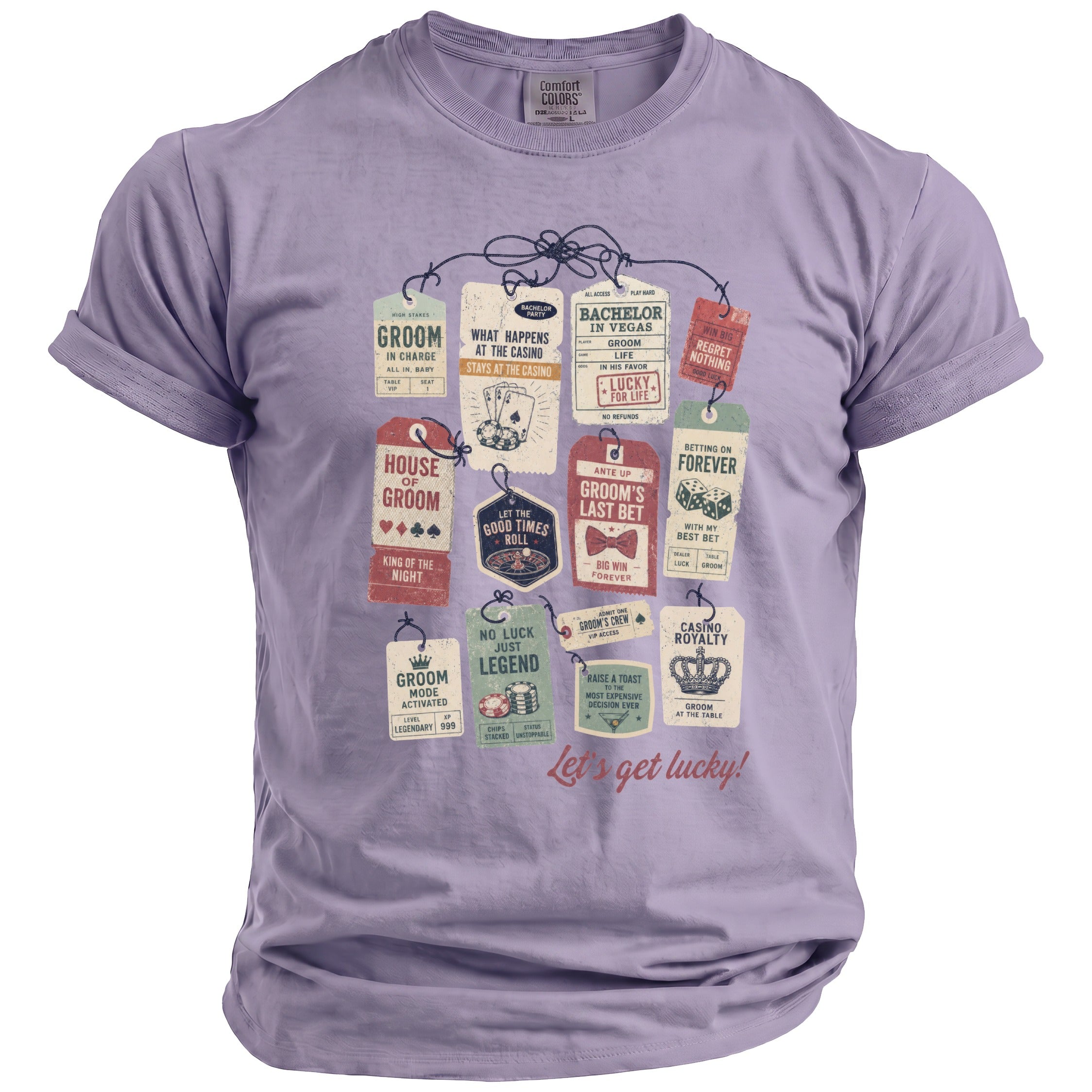Purple t-shirt with a collage of casino-themed tags for a groom and his bachelor party.