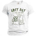 White t-shirt with "Last Bet I Will Ever Take EST. 2026 Amelia's Bachelorette" and gambling graphics.