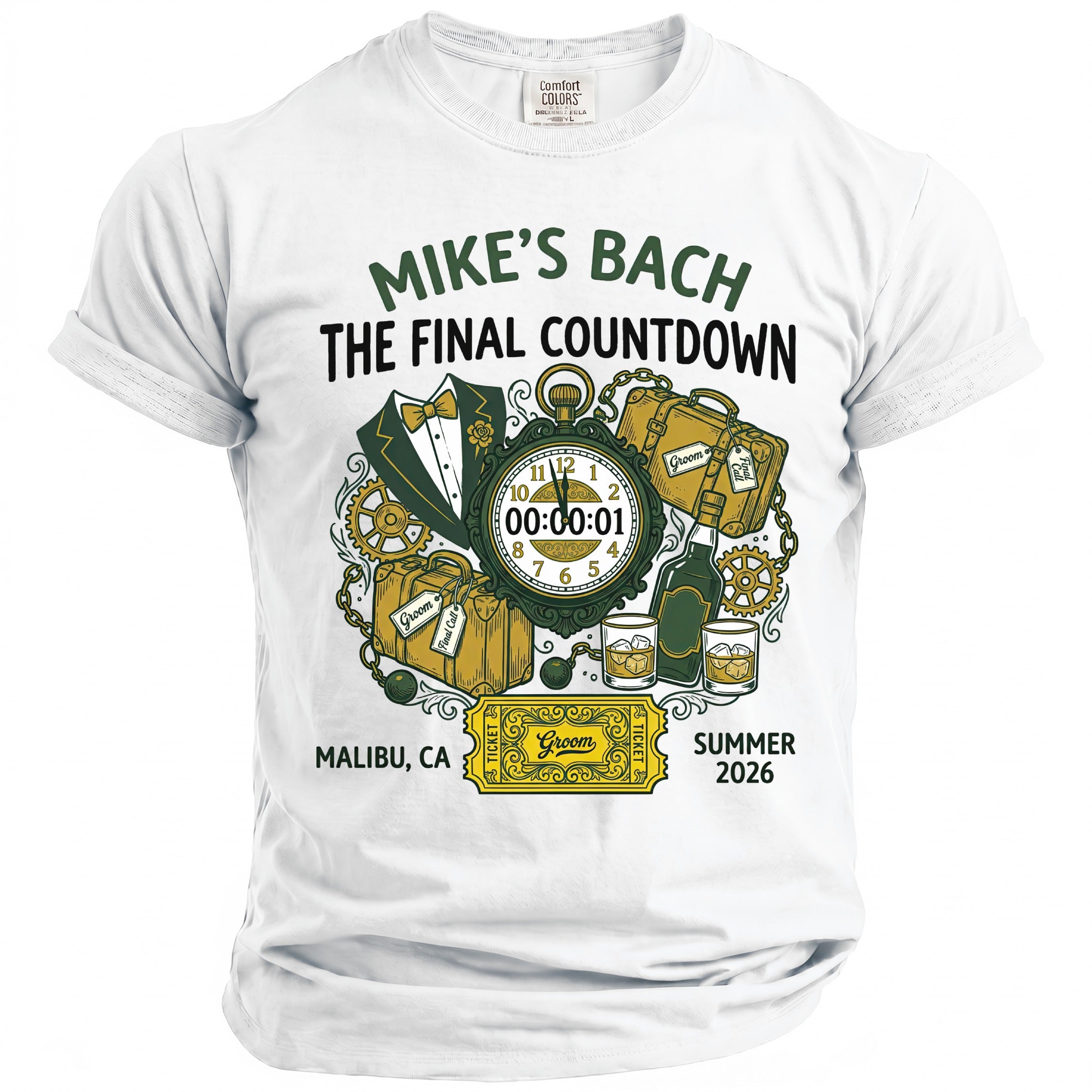 Mike's Bach Final Countdown featuring luggage, a tuxedo, and drinks, Malibu, CA, Summer 2026.