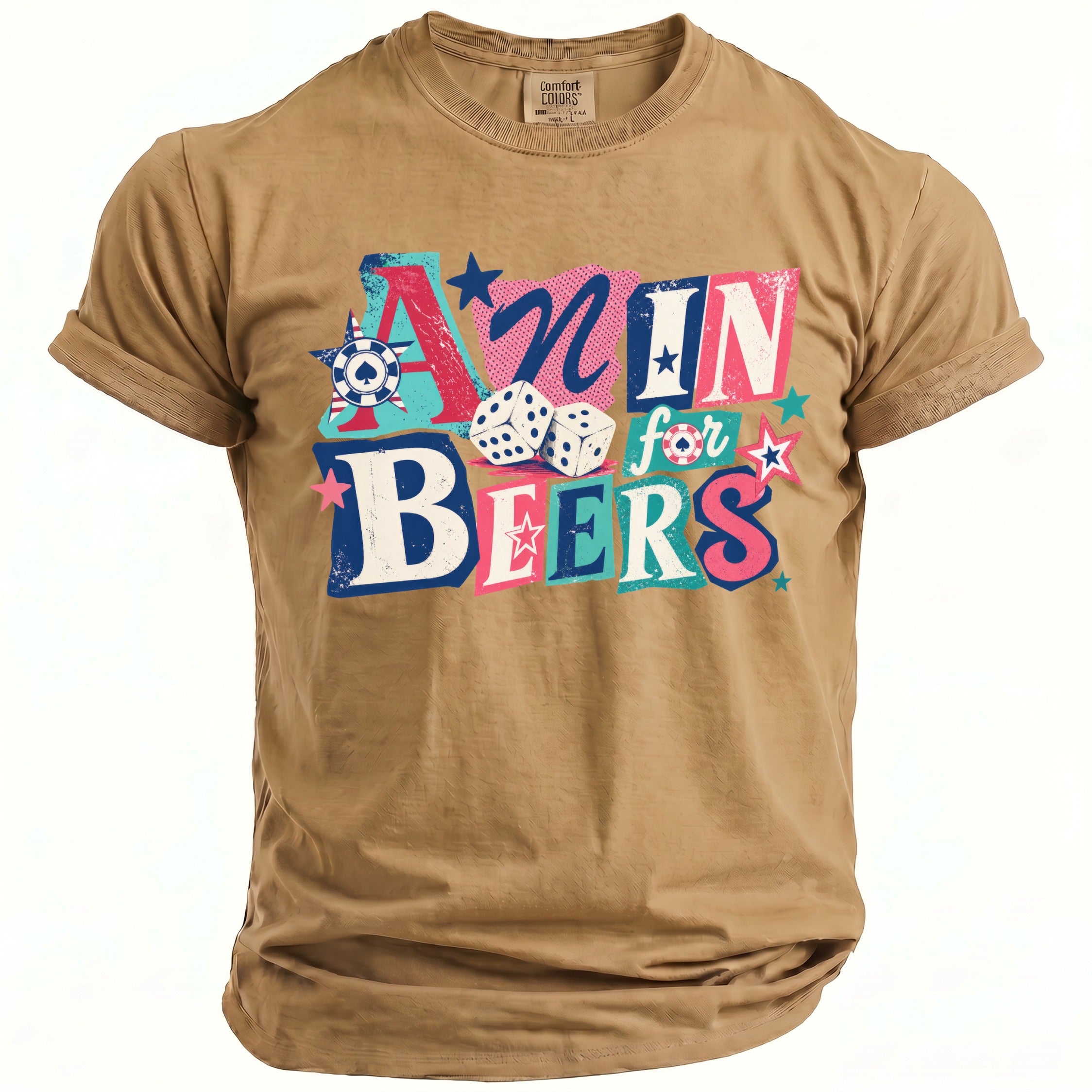 Tan t-shirt with colorful "Arizona for Beers" text, dice, and stars graphic.