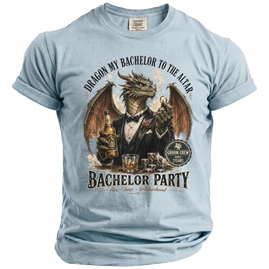 Light blue t-shirt for groom celebrating with a dragon holding beer and poker chips.