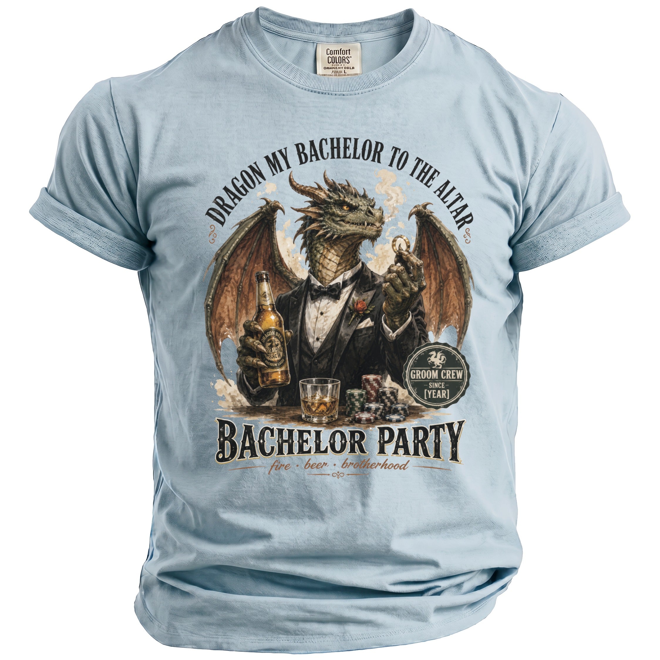Light blue t-shirt for groom celebrating with a dragon holding beer and poker chips.