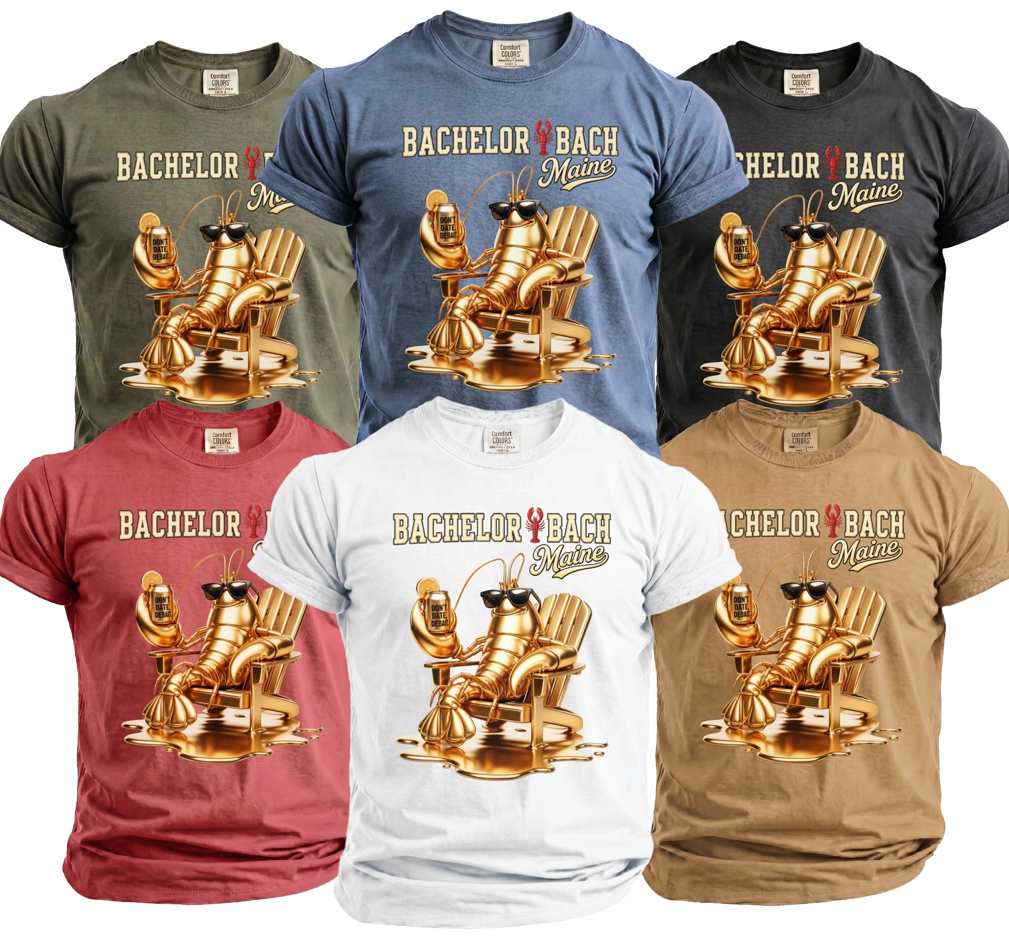 T-shirts with gold lobster graphic, "Bachelor Bach Maine" text, and can.