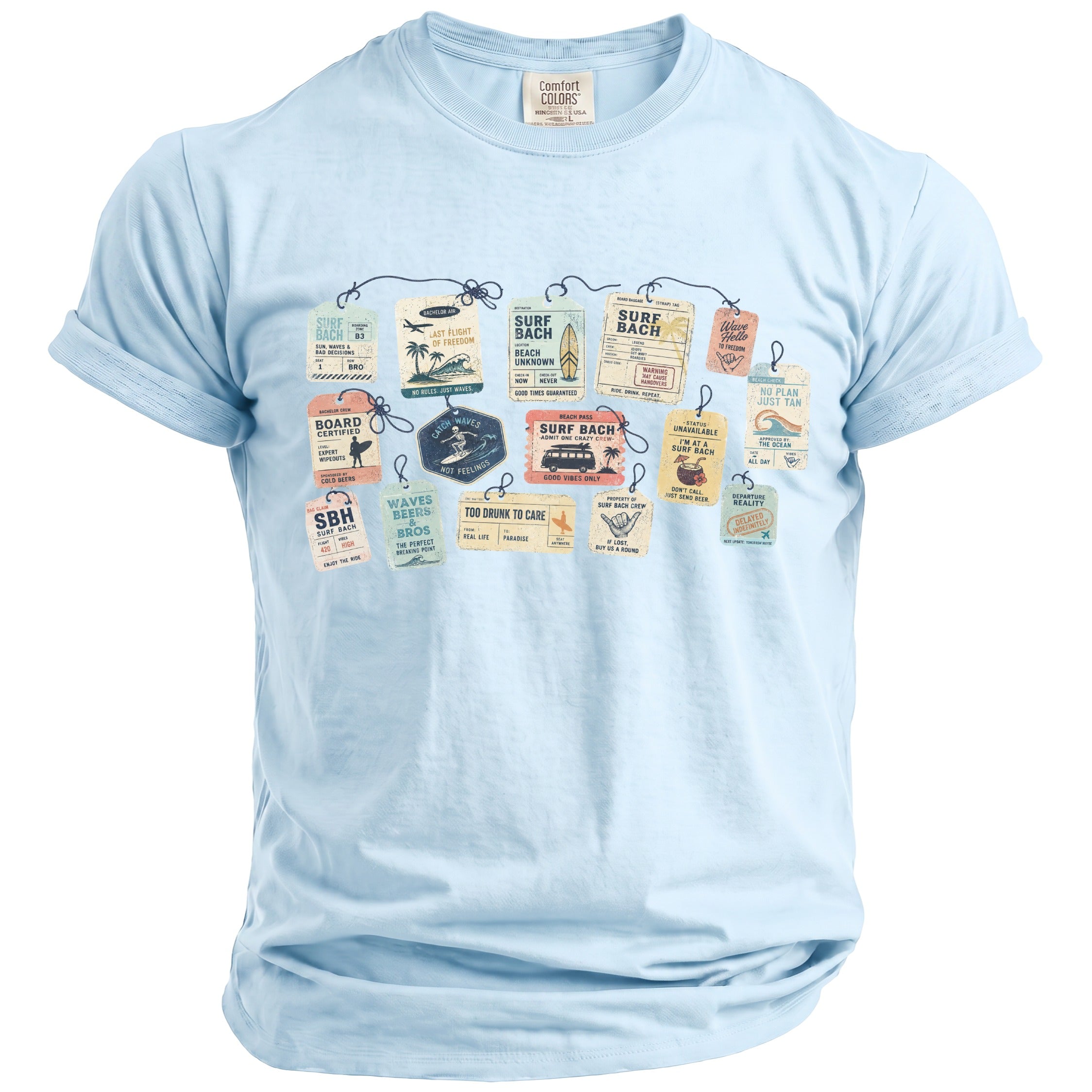 Light blue t-shirt with a collage of vintage luggage tags featuring surf and bachelor party themes.