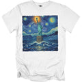 Statue of Liberty in starry night style with wavy ocean on white t-shirt.