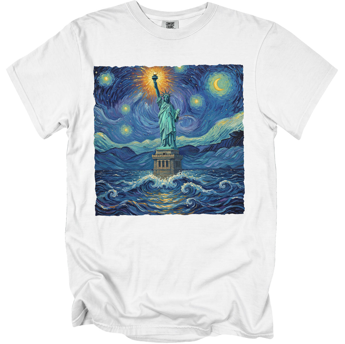 Statue of Liberty in starry night style with wavy ocean on white t-shirt.