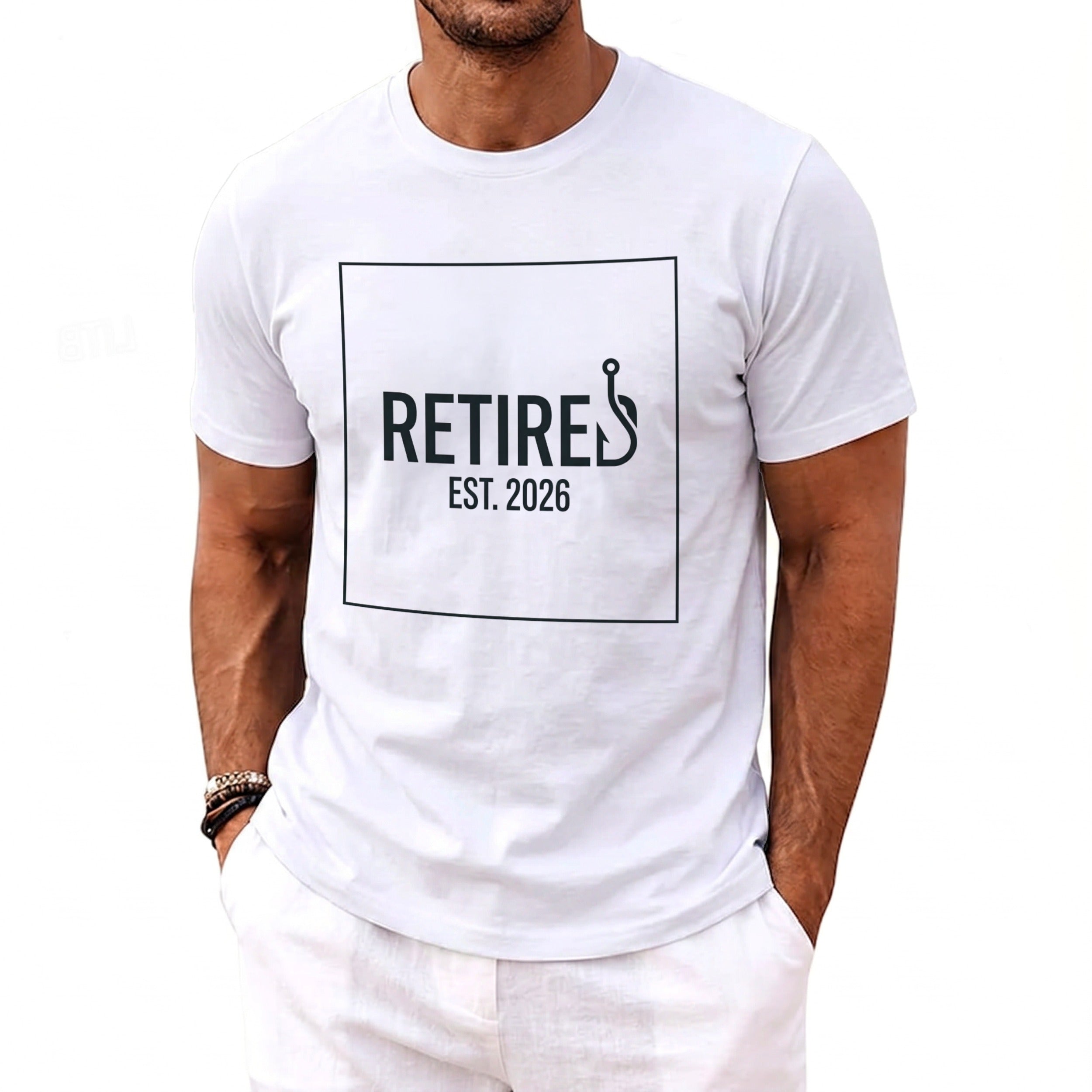 White t-shirt with "RETIRED EST. 2026" and a fishing hook graphic.