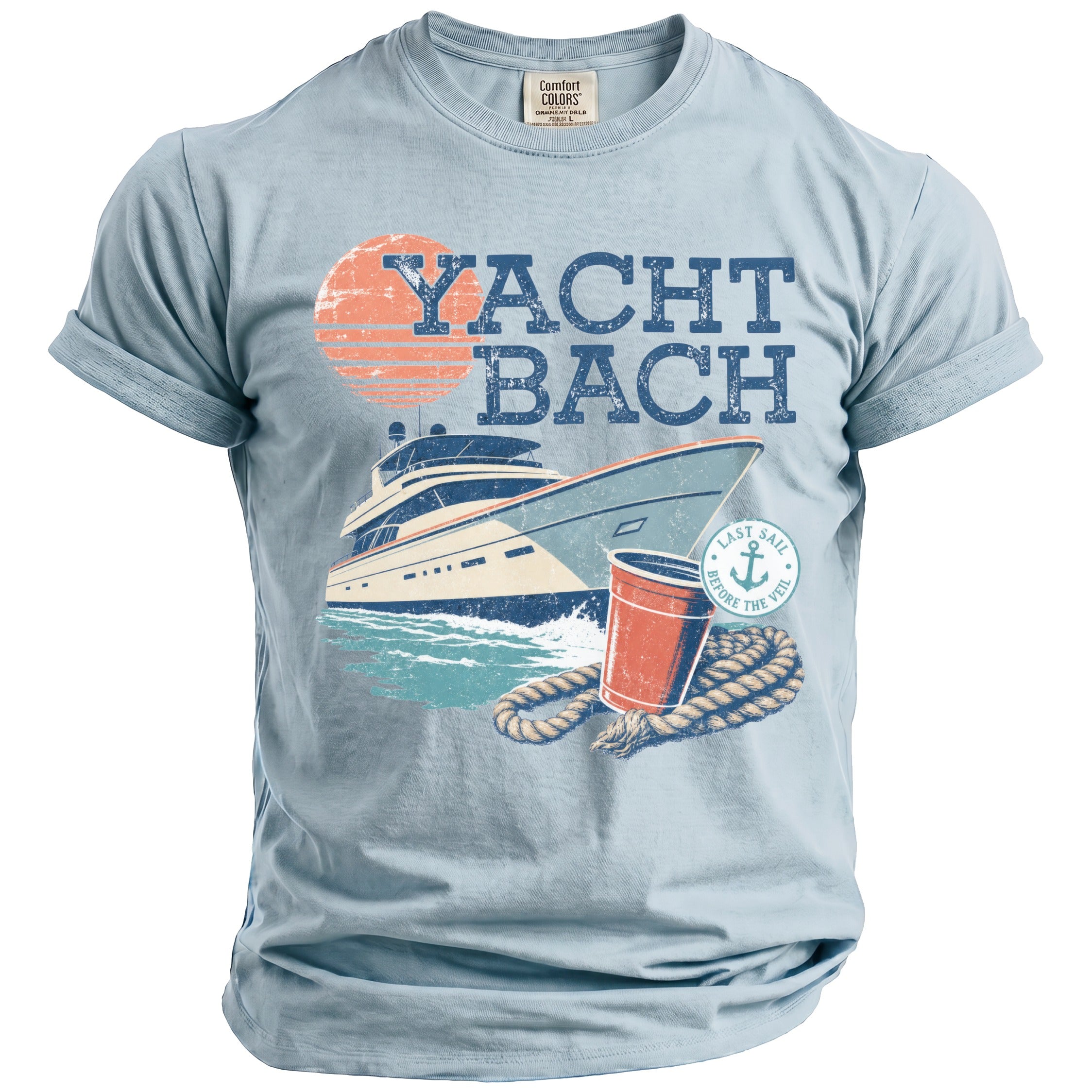 Light blue t-shirt featuring a distressed graphic of a yacht, a red cup, a coiled rope, and the text Yacht Bach.