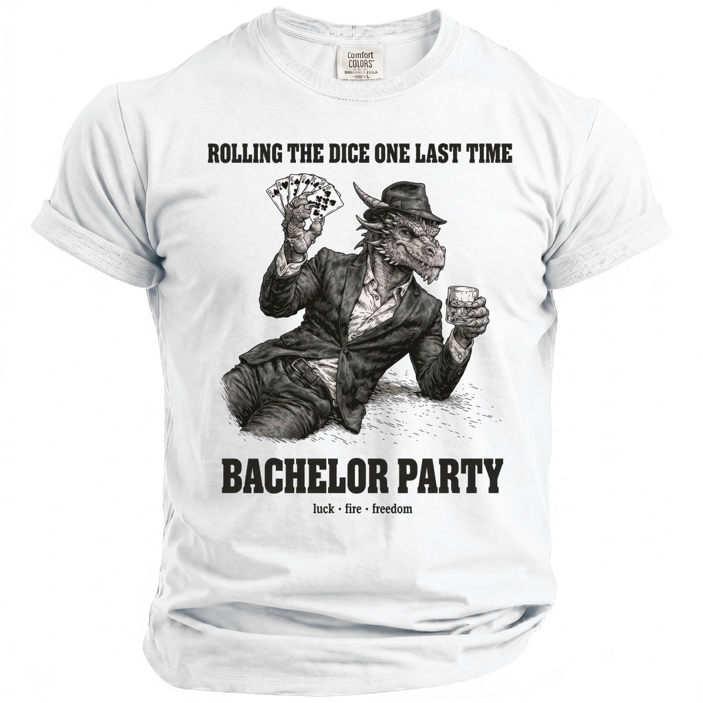 Dragon in a suit, holding cards and a drink, with text "Rolling the Dice One Last Time Bachelor Party".