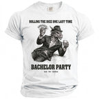 Dragon in a suit, holding cards and a drink, with text "Rolling the Dice One Last Time Bachelor Party".