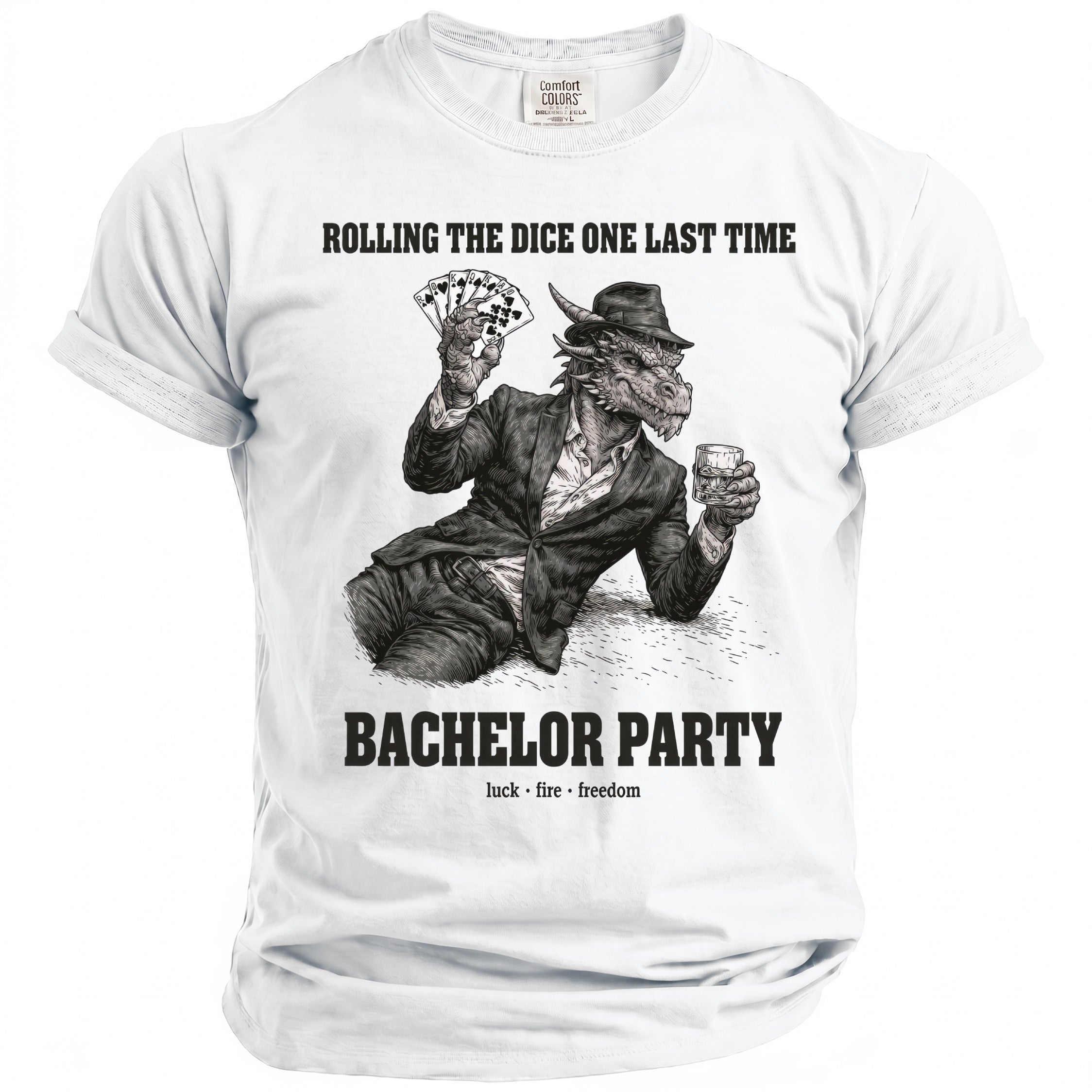 Dragon in a suit, holding cards and a drink, with text "Rolling the Dice One Last Time Bachelor Party".