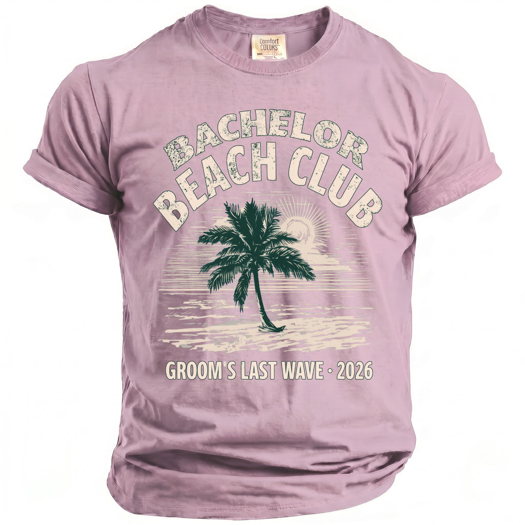 Purple t-shirt with "Bachelor Beach Club" and "Groom's Last Wave 2026" text.