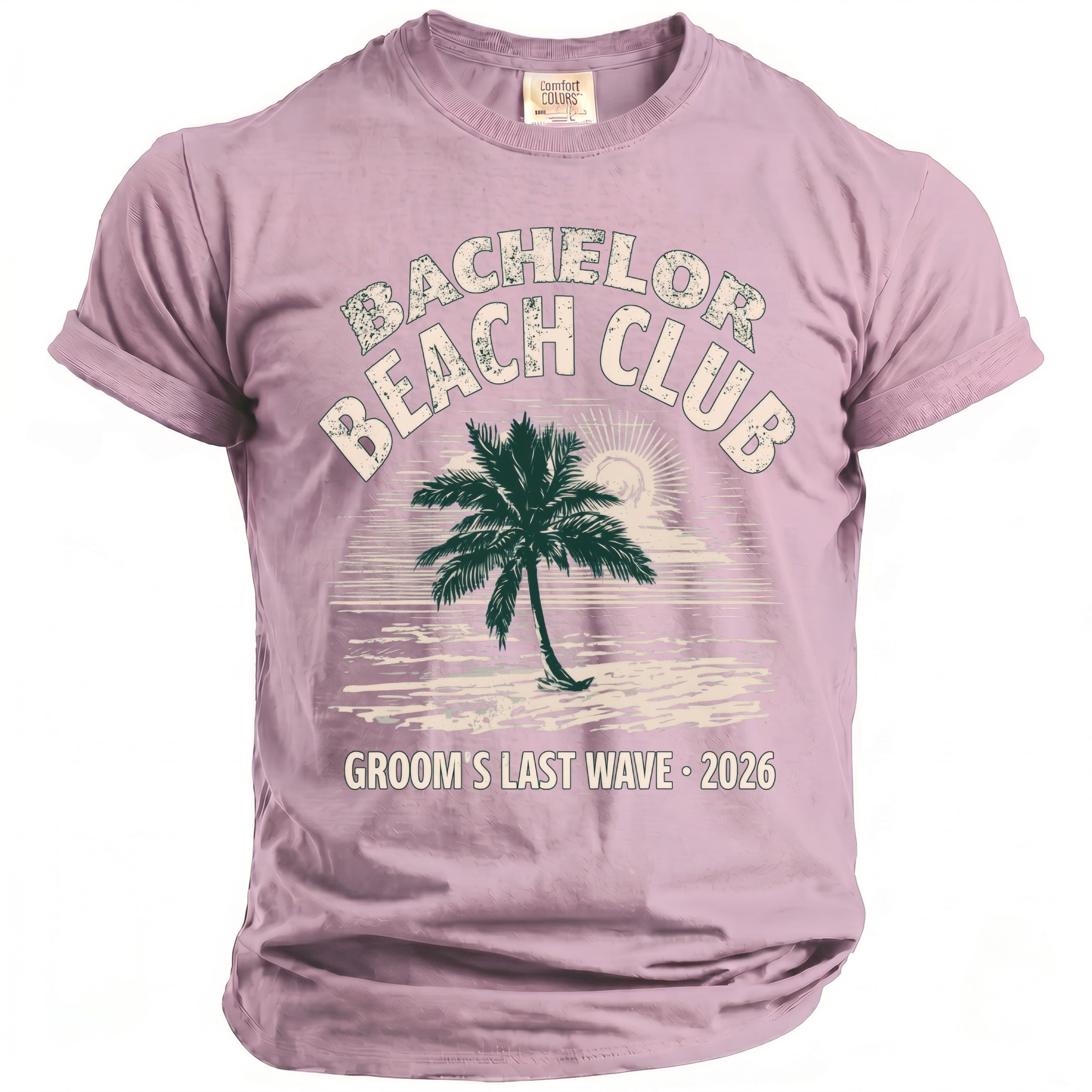 Purple t-shirt with "Bachelor Beach Club" and "Groom's Last Wave 2026" text.