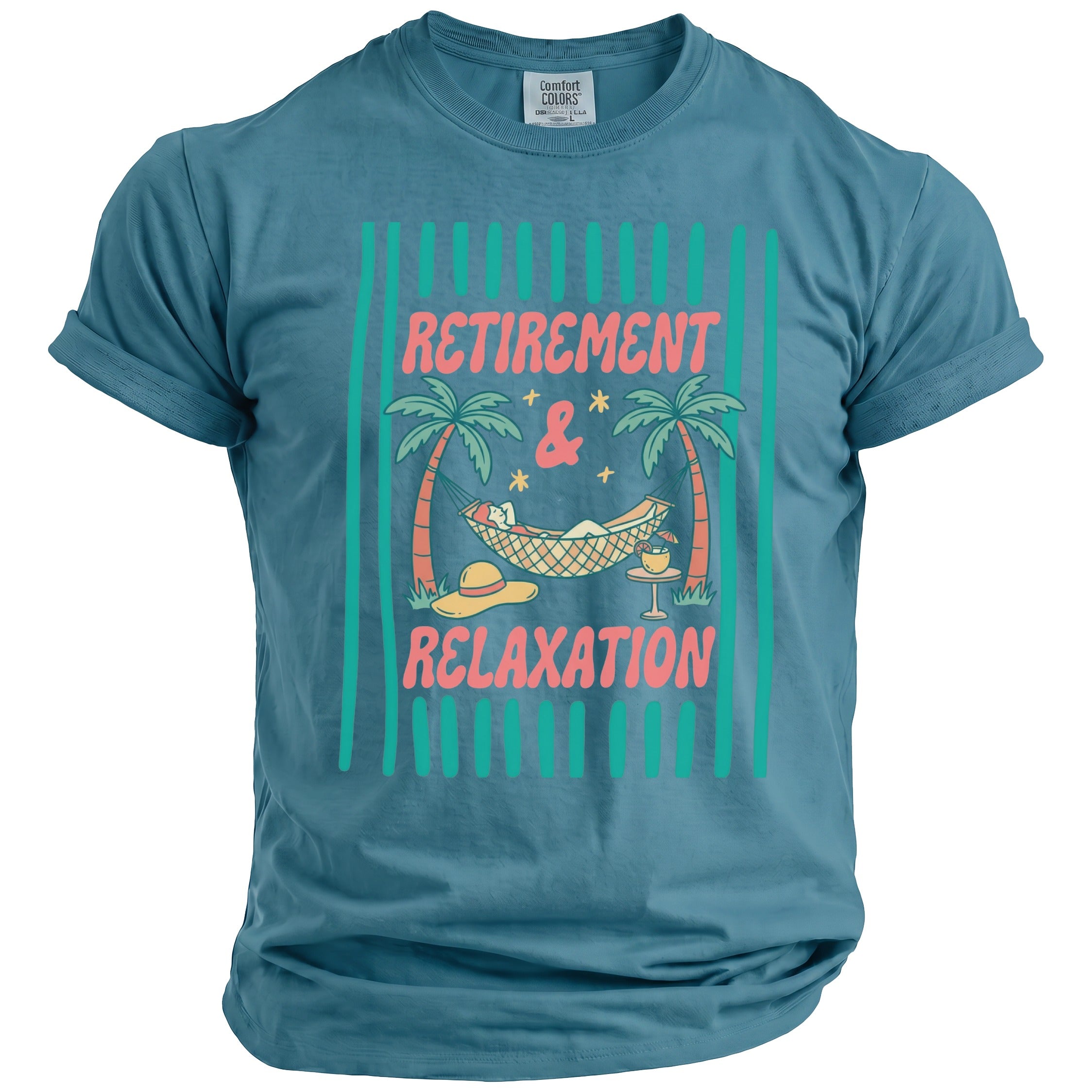 Blue t-shirt with "Retirement & Relaxation" graphic featuring a person in a hammock.