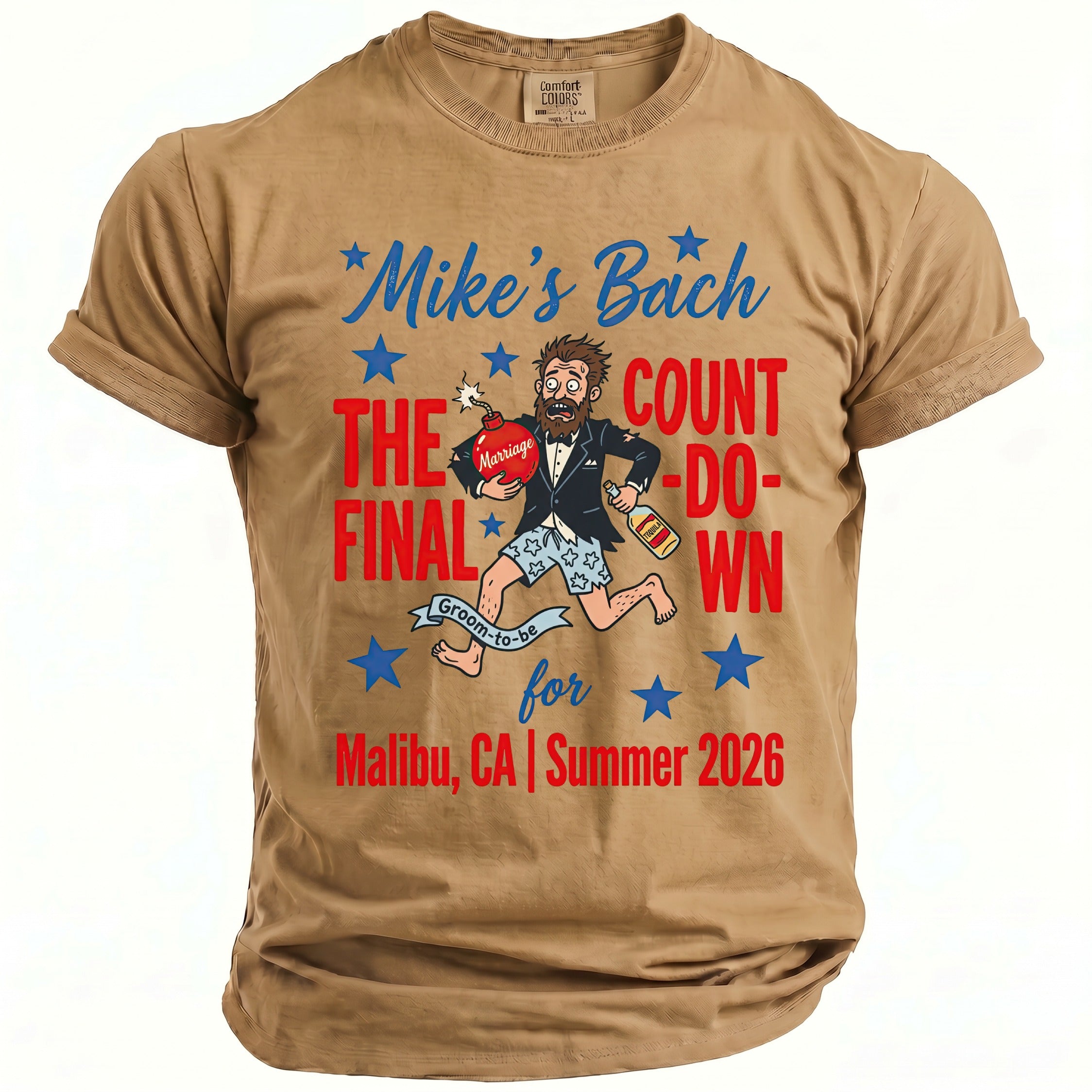 T-shirt with "Mike's Bach The Final Count-down" and cartoon groom.