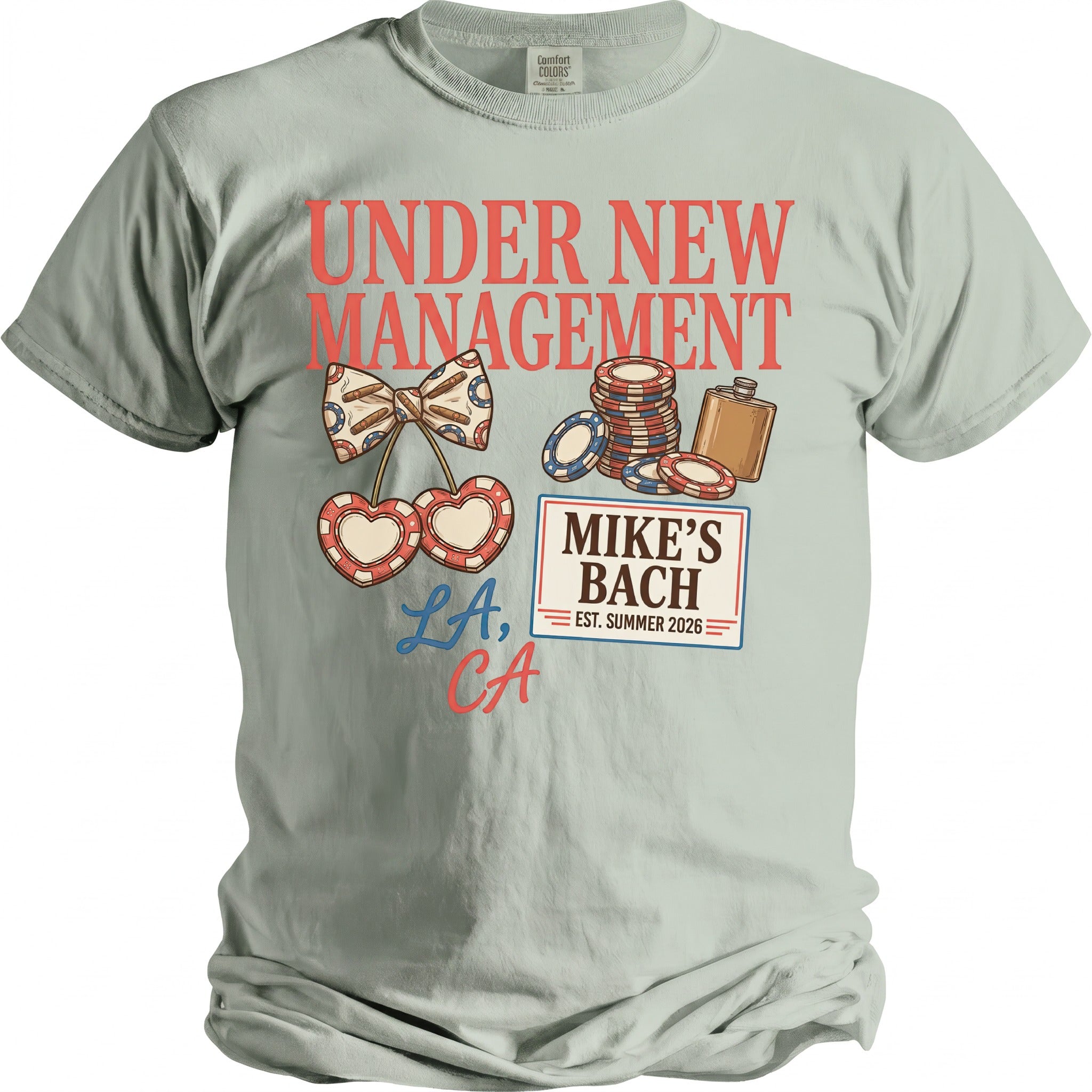 T-shirt with "Under New Management," cherries, poker chips, and flask graphic.