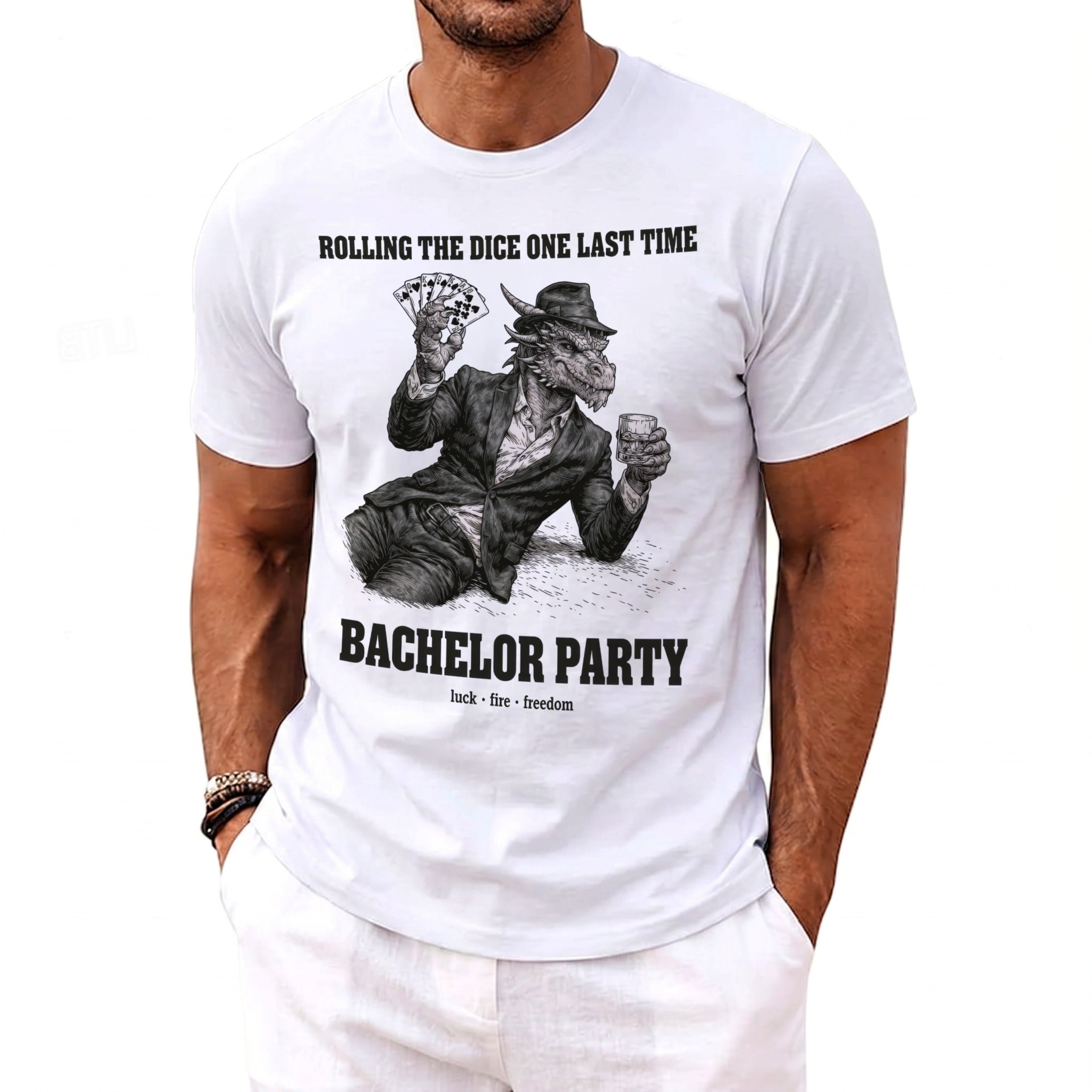 White t-shirt with a graphic of a dragon in a suit holding cards and a drink.